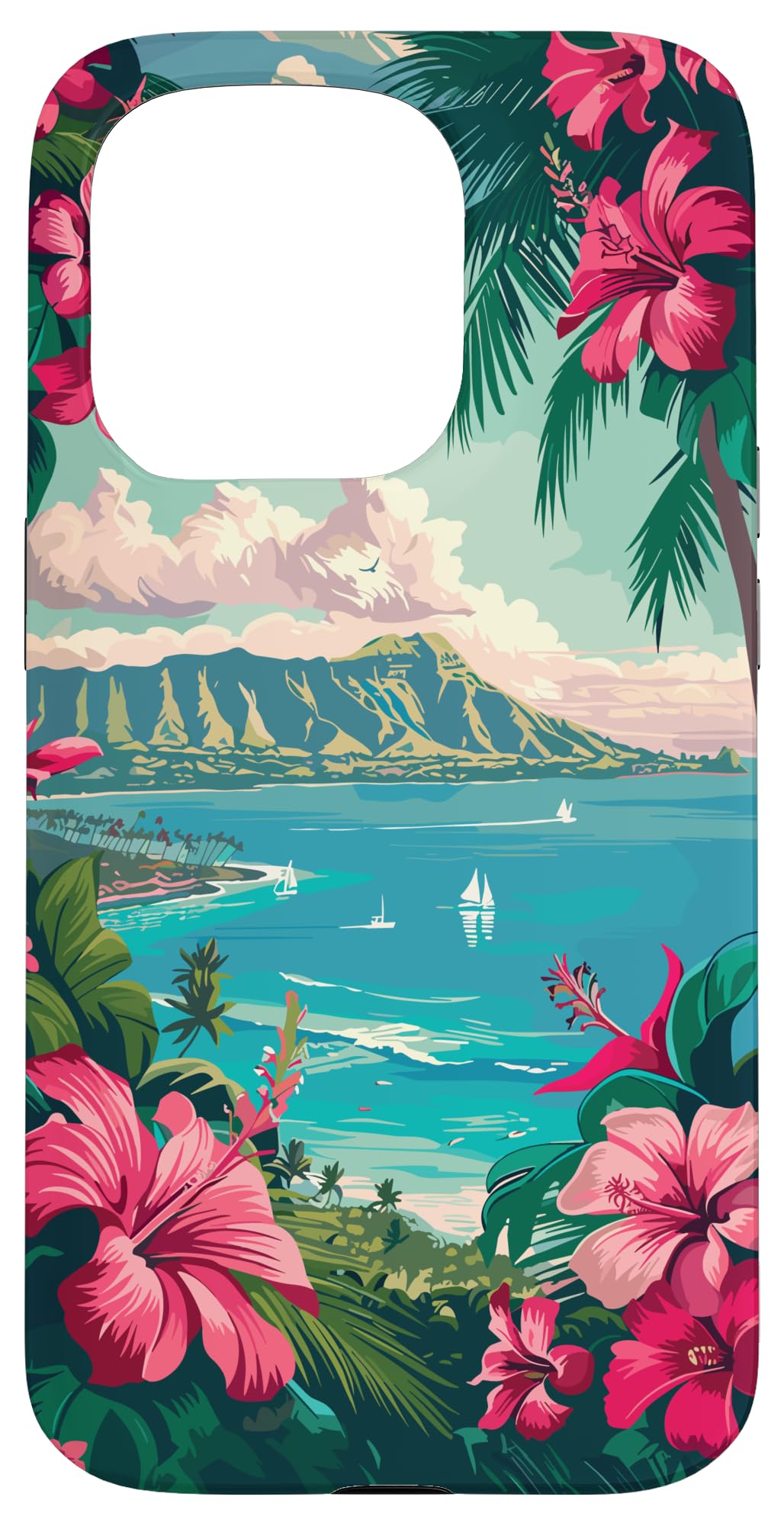 Vintage Hawaii Hawaiian Tropical Hibiscus Flowers Ocean Case for iPhone 15 Pro