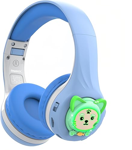 Riwbox CB-7S - Auriculares inalámbricos para niños, con control de volumen seguro 748595 dB, luces LED brillantes, tiempo de reproducción de 50