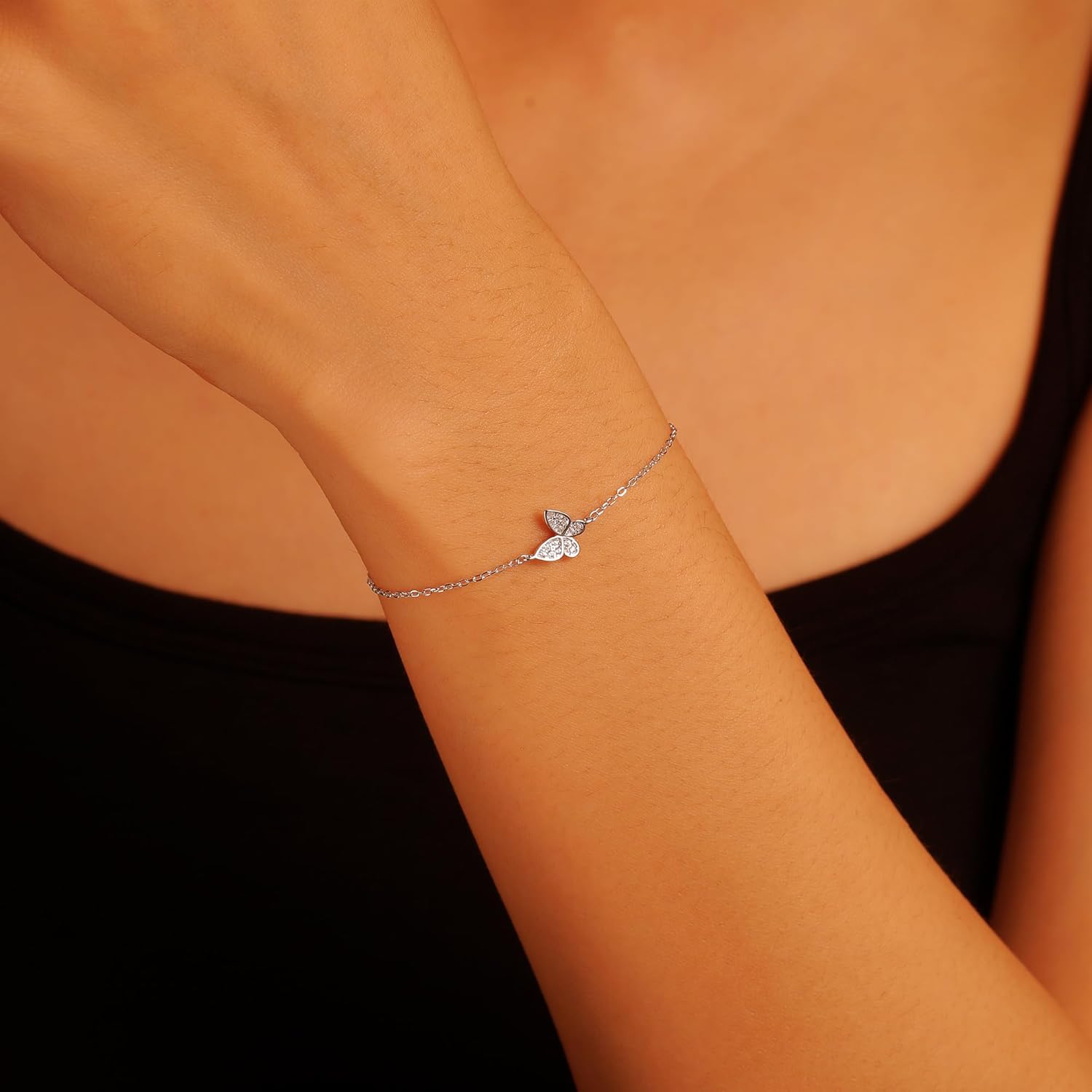 SUYACS 14K Gold Plated Butterfly Bracelets for Women Cute 925 Sterling Silver Cubic Zirconia Link Bracelet Lucky Sparkling Chain Jewelry Birthday Gifts for Daughter Friends Back to School - Image 3