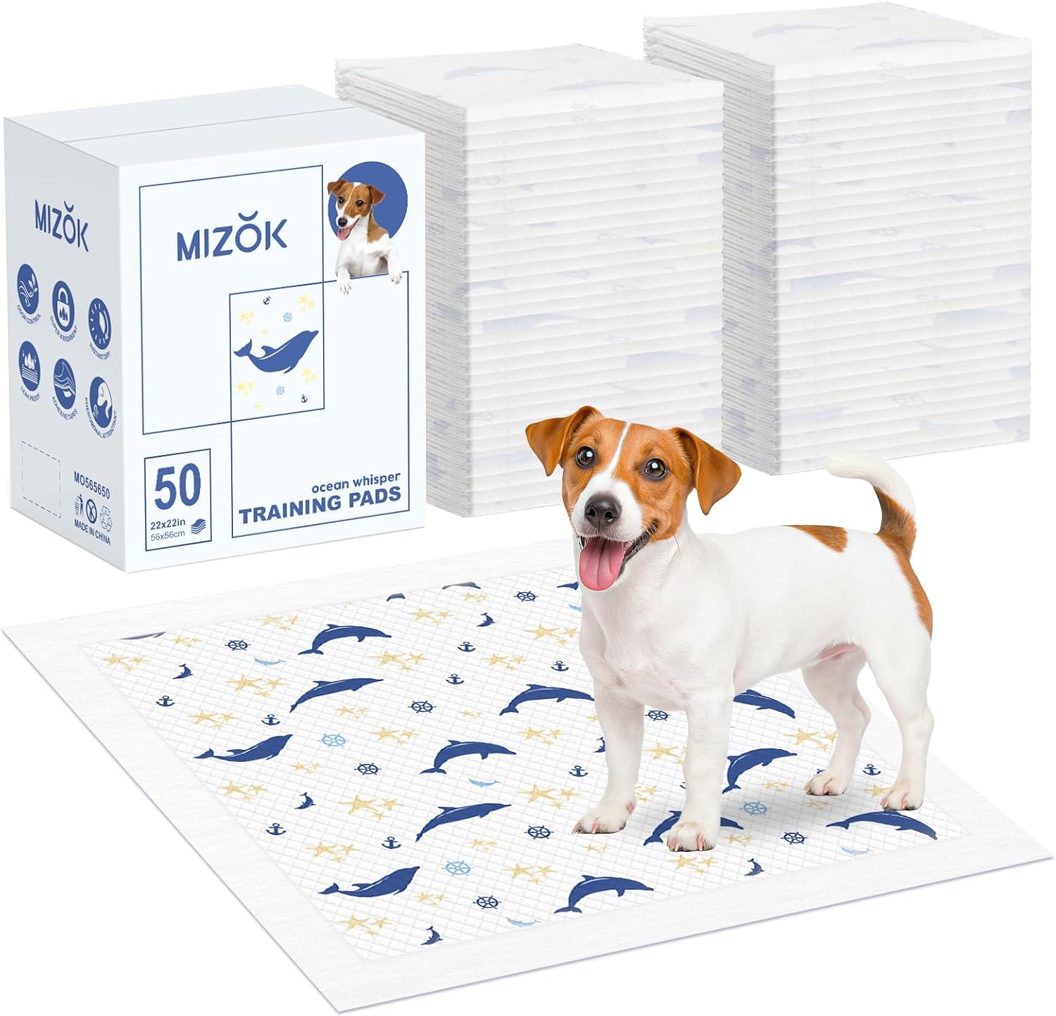 MIZOK Puppy Pads 22"x 22" Pee Pads for Dogs Small, Dog Pee Pads Cute Disposable with Adhesive Tabs, Puppy Training Pads with 6 Layers Leak-Proof Whale Prints (50 Counts)