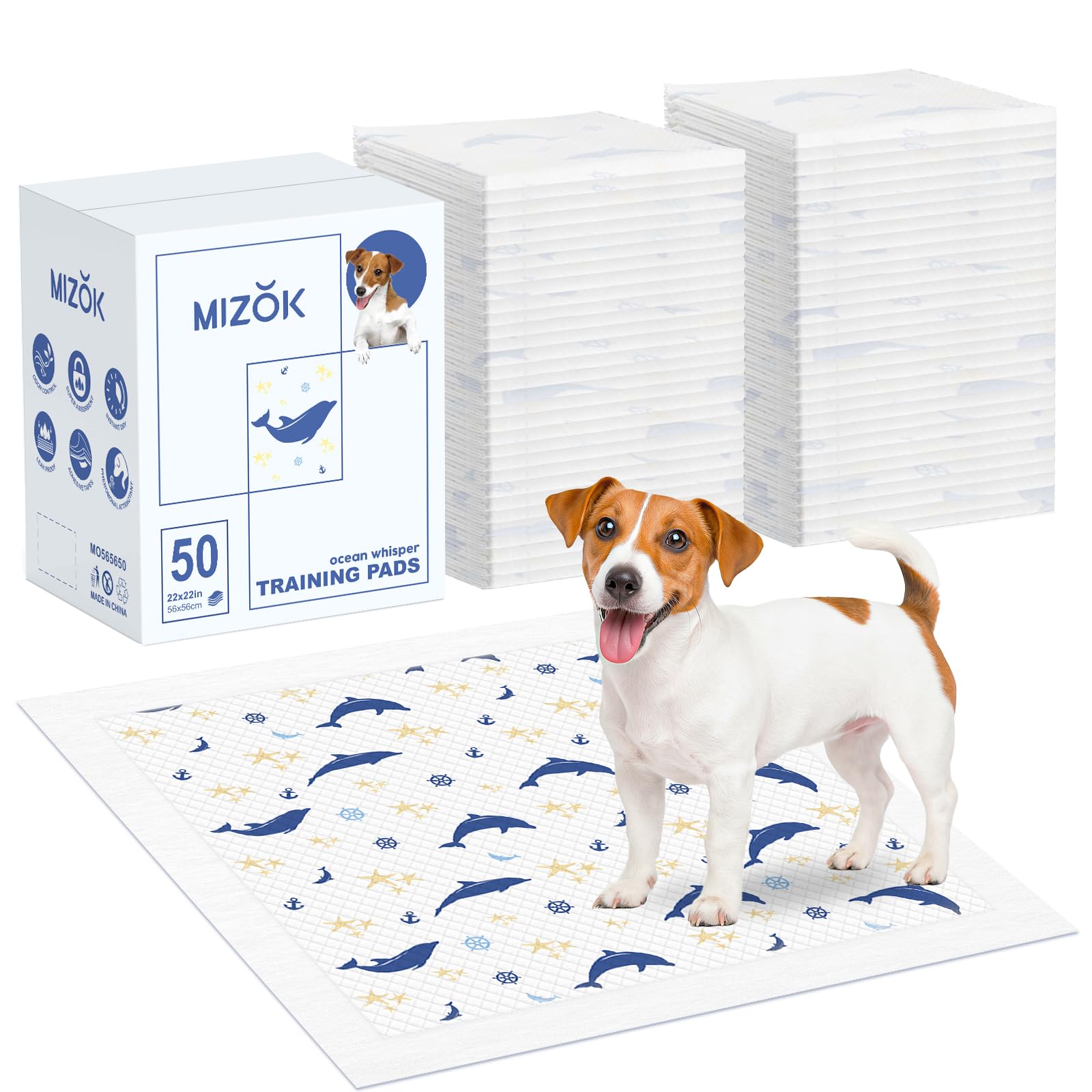 MIZOK Puppy Pads 22"x 22" Pee Pads for Dogs Small, Dog Pee Pads Cute Disposable with Adhesive Tabs, Puppy Training Pads with 6 Layers Leak-Proof Whale Prints (50 Counts)