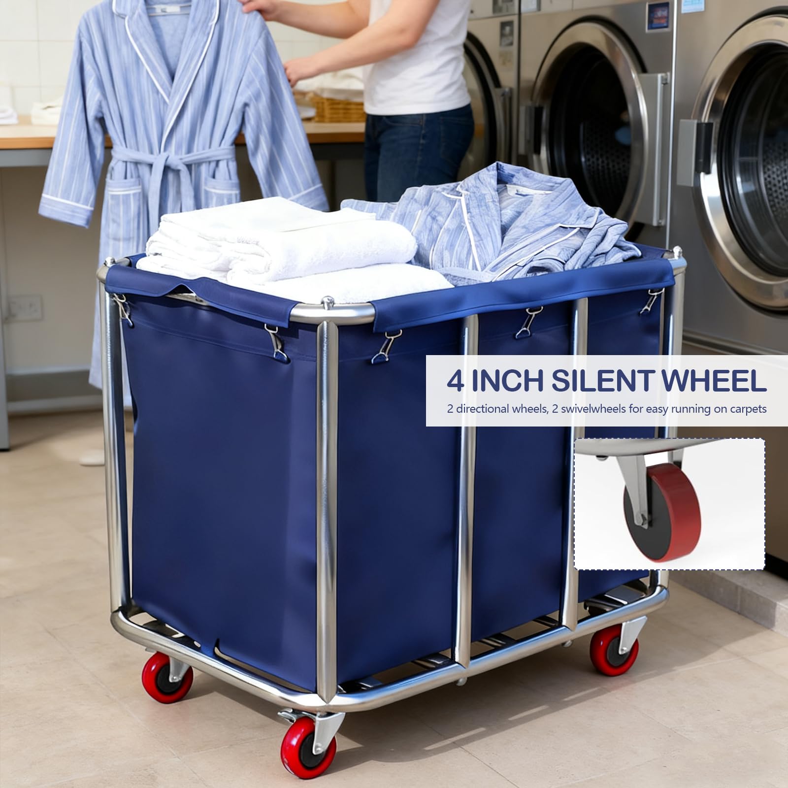 Carrito Lavandería, Cesto Ropa Acero Inoxidable Con Ruedas Clasificador Ropa Comercial Impermeable Inoxidable Extraíble Cestos Ropa Grandes Para Hogar Hotel Y Lavandería Capacidad 120Kg 90X65X81cm