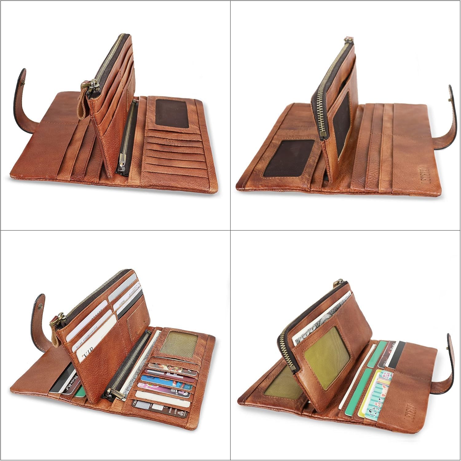 RFID Blocking Genuine Leather Wallet Vintage Hand Rubbing Organizer with Clasp Closure (Brown)