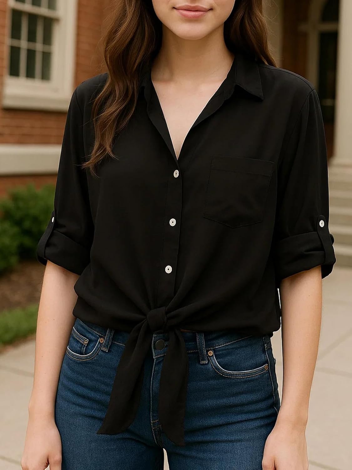 Dauocie Women's Front Tie Tops Casual 3/4 Roll Up Sleeve Button Up Shirts with Pocket - Image 3