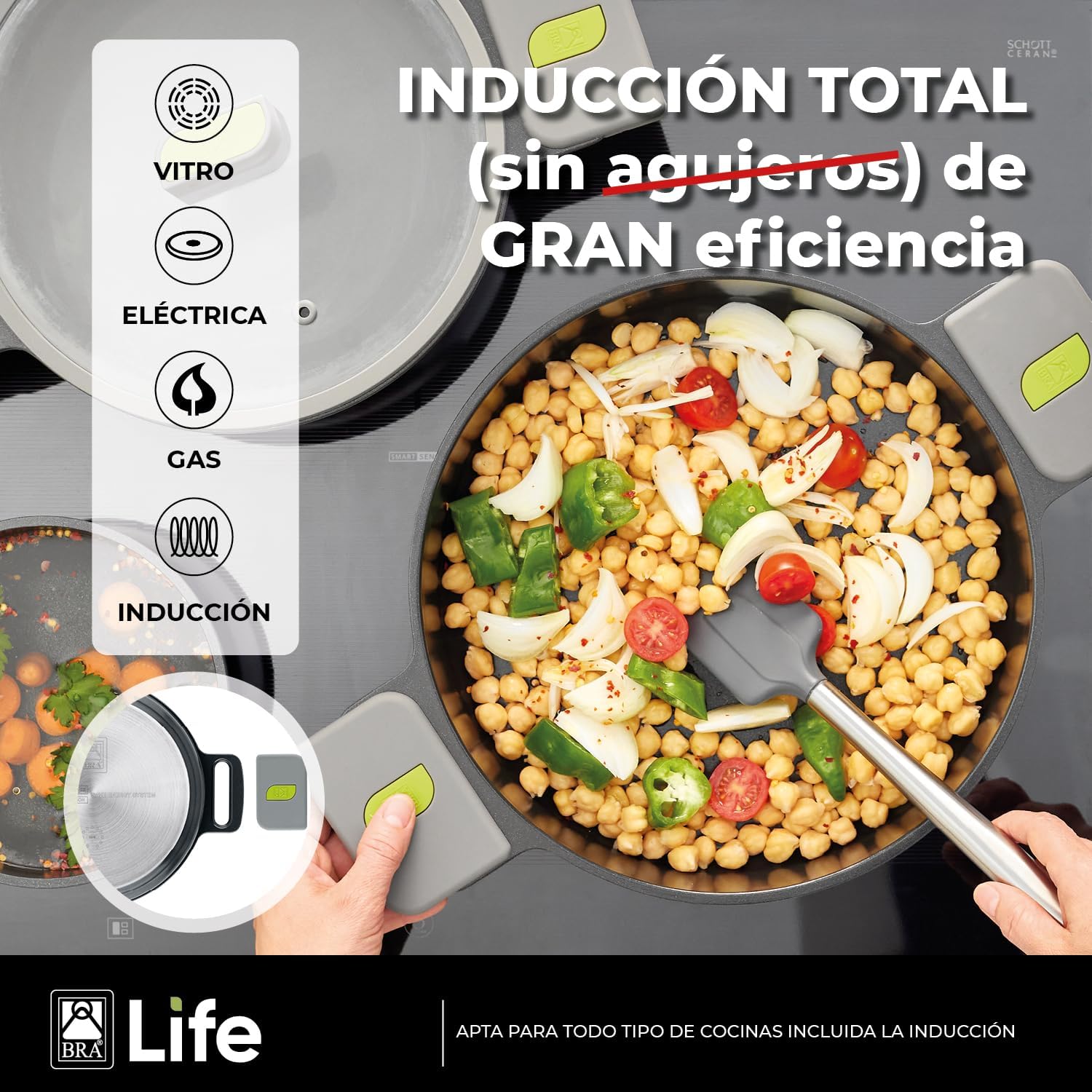 BRA LIFE – 9 Pieces of Cast Aluminium 100% Recycled, Non-Stick Reinforced Ceramic without PFOA without PTFE, Suitable for All Types of Cookers and Induction