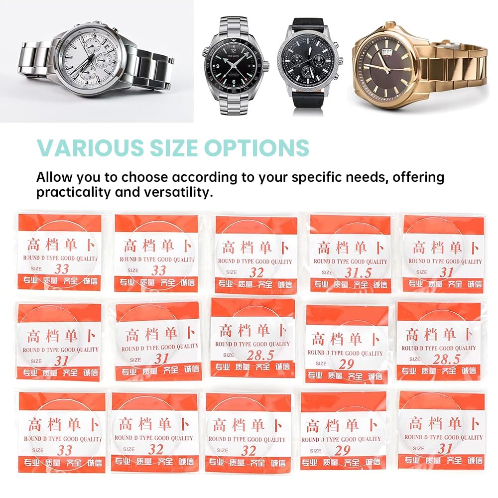 BORDSTRACT Lente in Vetro per Orologio, 15 Pezzi Lente in Vetro Minerale per Orologio, Superficie Convessa Retro Concava Vetro per Orologio, Coperchio Misurino Arco, 26‑33 MM