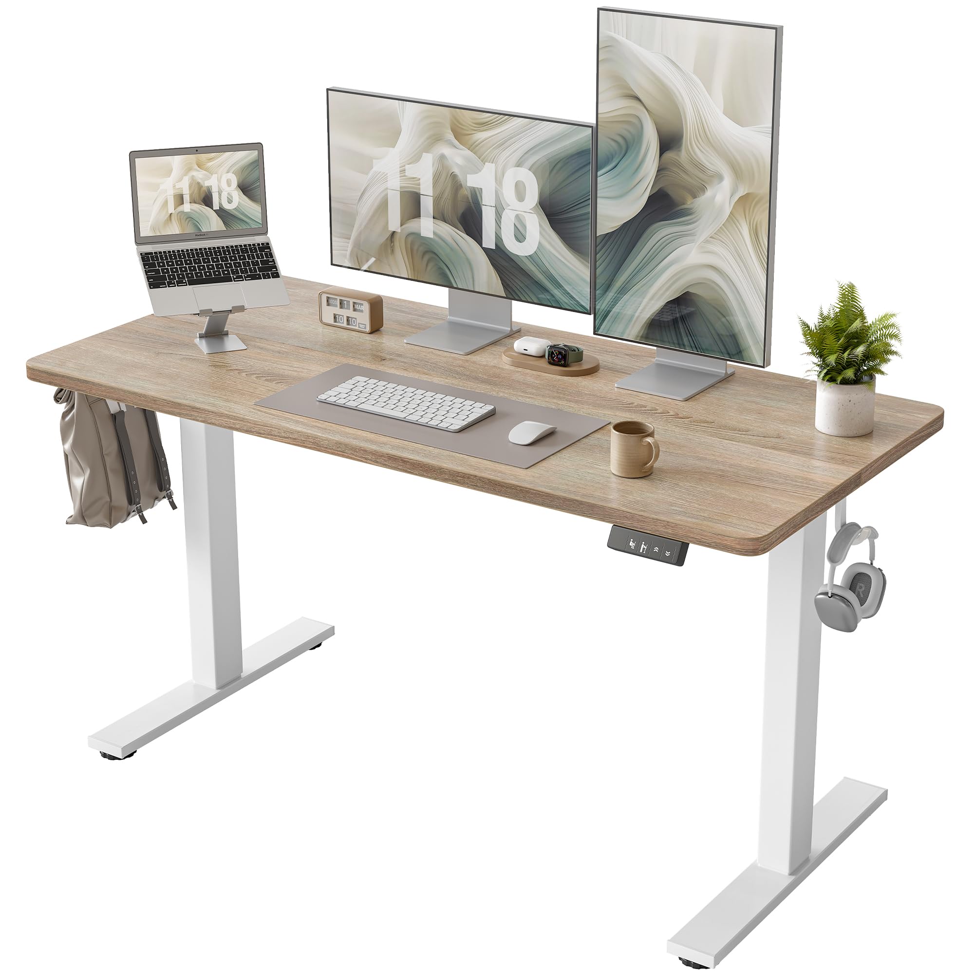 Height Adjustable Electric Standing Desk, 55 x 24 inch, Sit Stand Up Desk, Splice Board, Computer Home Office Desk, White Frame/Maple Top