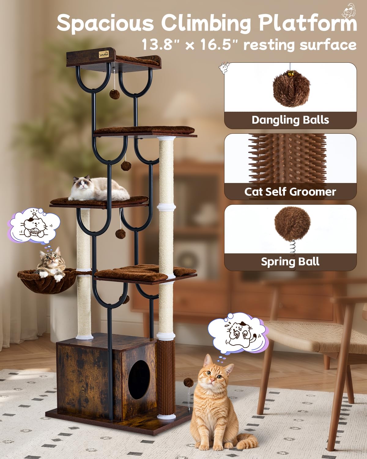 FourFurPets Albero Tiragraffi per Gatti 188cm, Tiragraffi con Cuccia per Gatti e 5 Pali in Sisal, Tiragraffi a Torre per Gatti con 4 Ripiani e Casetta per Gatti Adulti, Legno Moderno (Marrone Rustico)