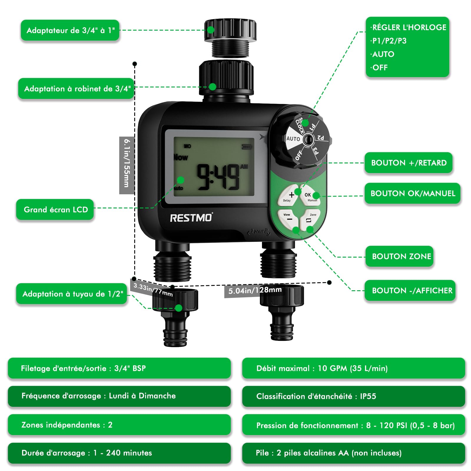 Restmo Programmateur arrosage Minuteur d'arrosage programmable sur 7 Jours | 3 programmes séparés, contrôle automatique/manuel/retard de pluie pour irrigation goutte à goutte 2 zones