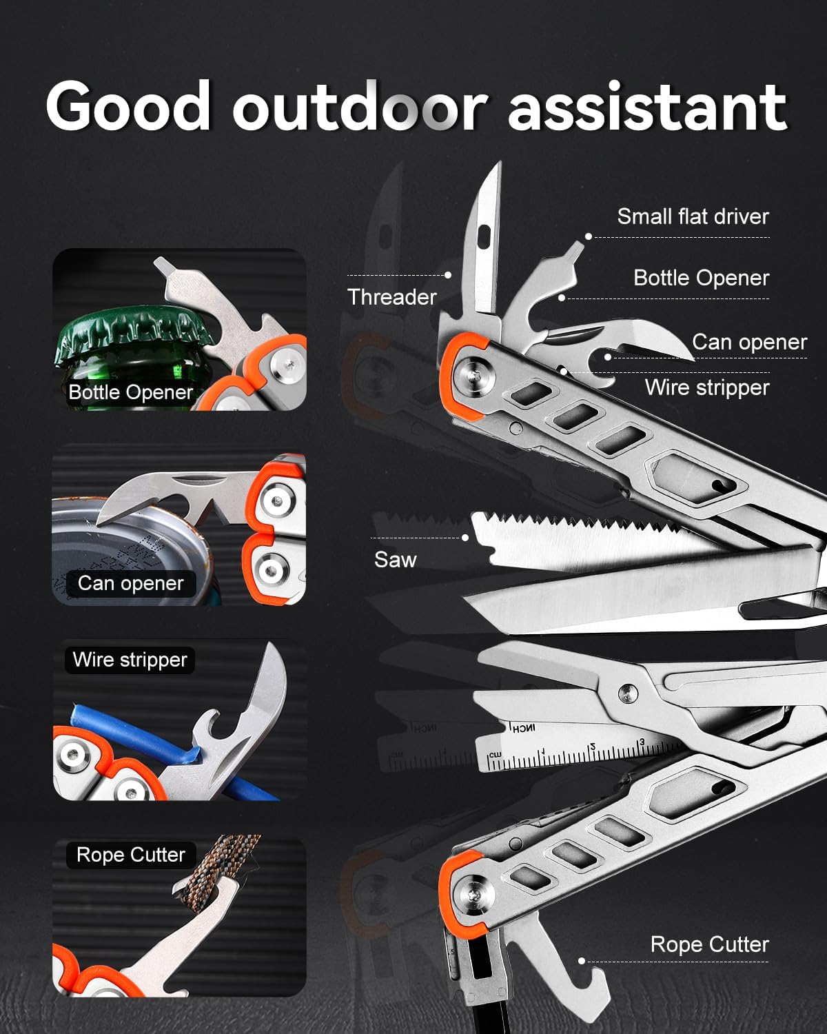 Multitool 15-in-1 Stainless Steel Multi Tool Pliers with Knife, Spring-Action Pliers and Scissors, Multitool for Survival, Camping, Hiking, Gifts for Men (Grey)