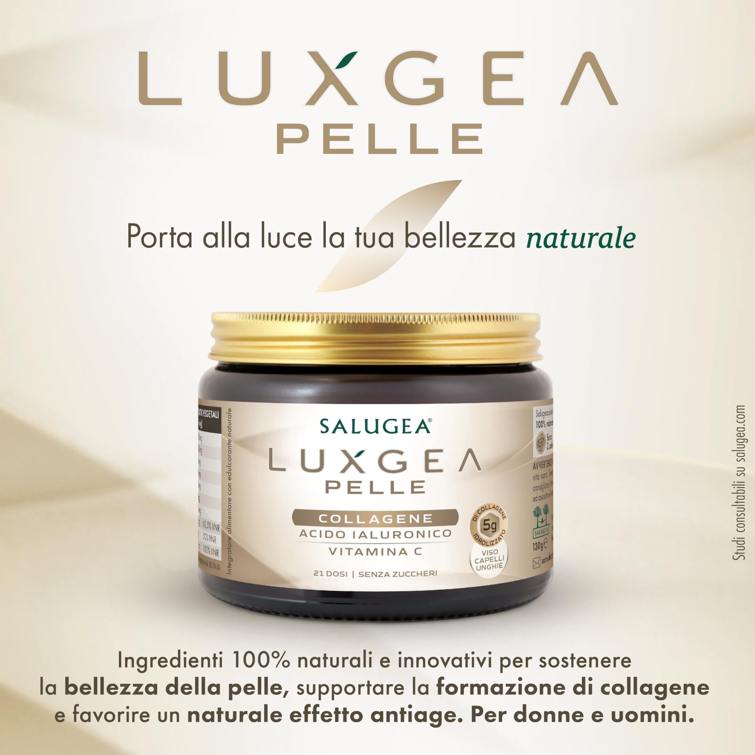 LUXGEA PELLE Salugea Integratore con collagene per la bellezza della pelle - Flacone in Vetro (no plastica), polvere disperdibile in un liquido (21 dosi)