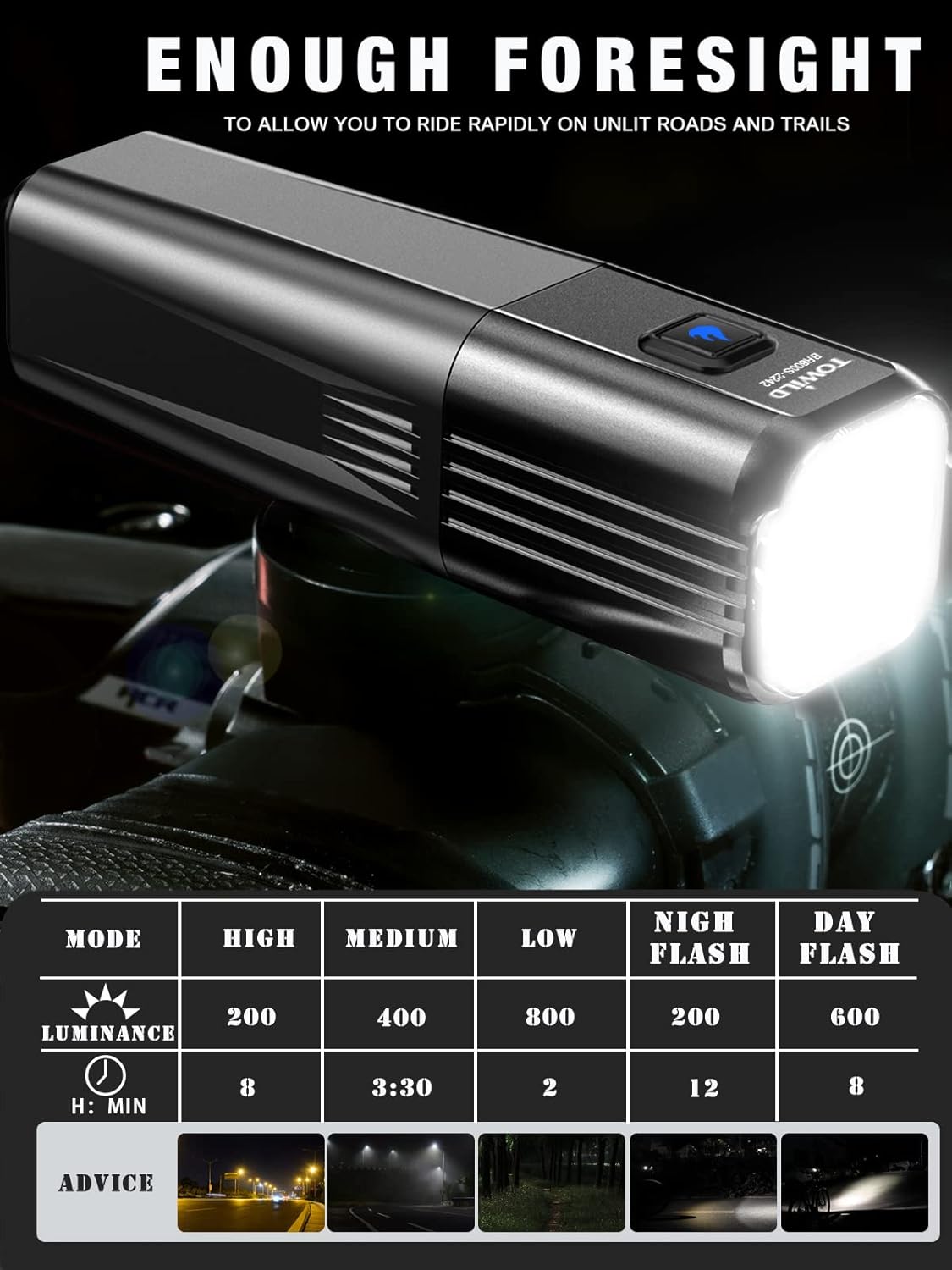 TOWILD BR800S bike light modes and runtimes