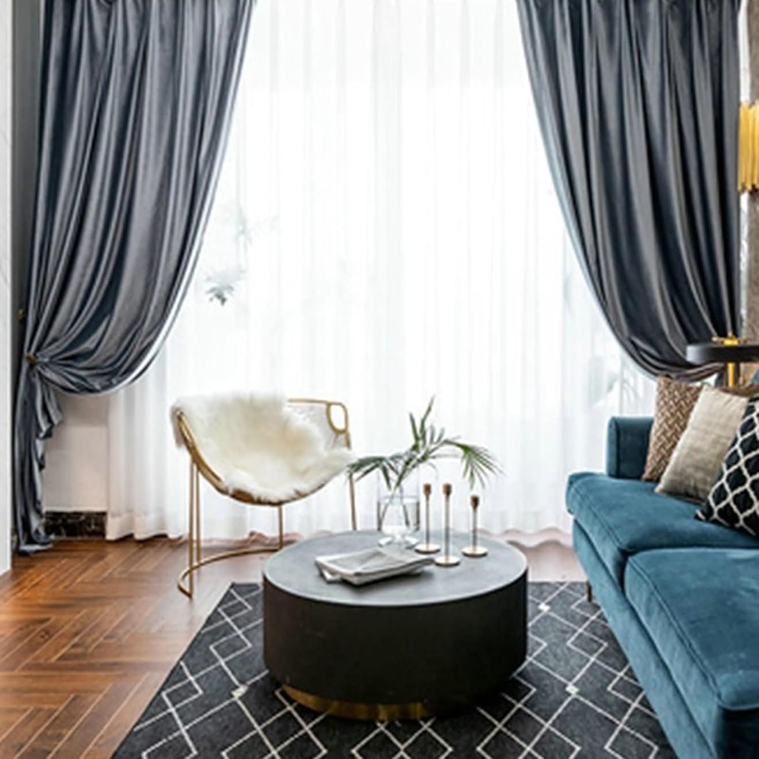 Daesar Window Curtains Blackout 2 Panels Set, Polyester Hook Darkening Curtains 52" W x 96" H Drapes Solid Color Velvet Blue Grey Blackout Curtains for Bedroom Living Room