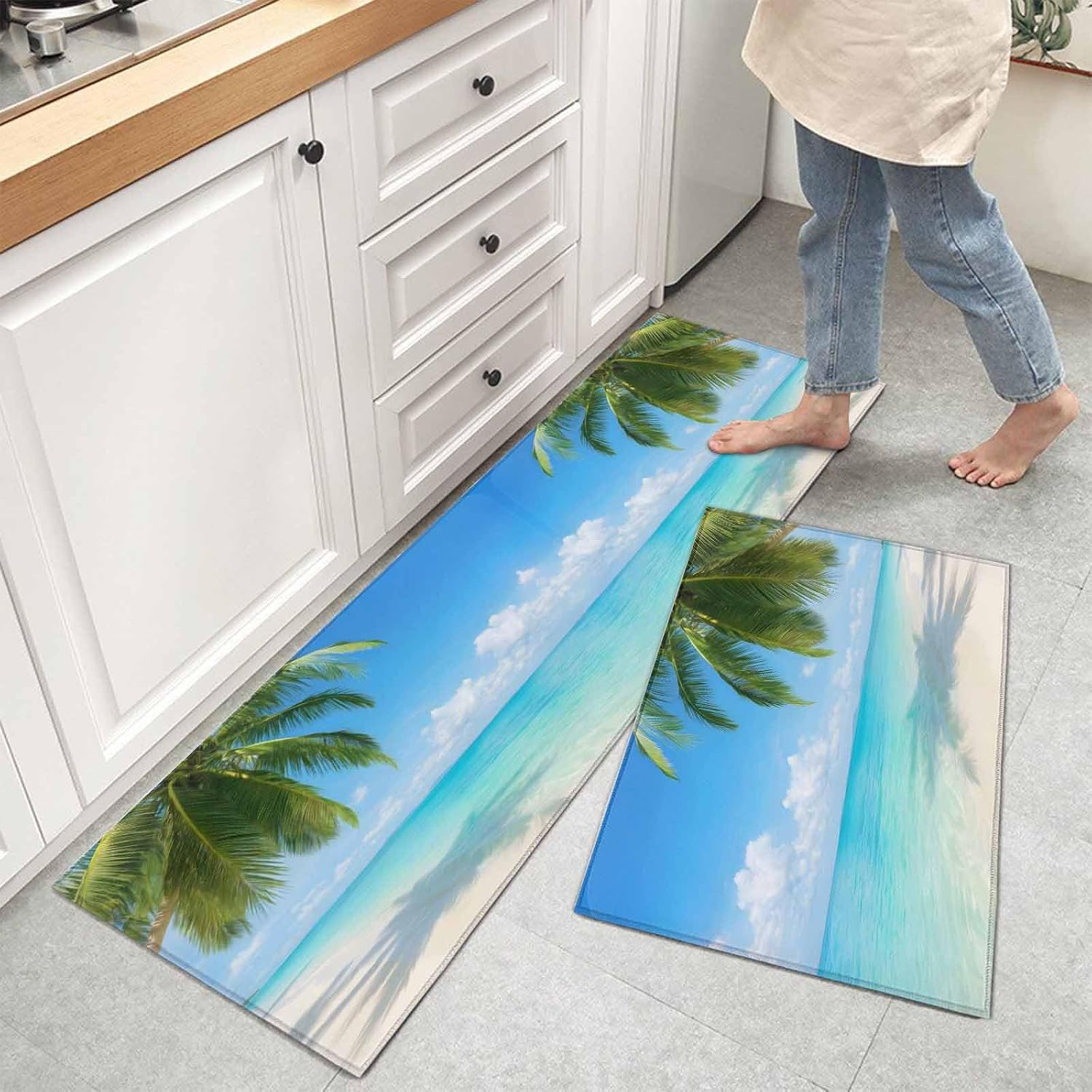 Teamery Kitchen Mats for Floor Summer Sea Beach Palm Tree Washable Non Slip Kitchen Rugs 2PCS, Blue Ocean Sky Absorbent Standing Mats for Sink Bathroom Office Living Room 15.7x23.6in+15.7x47.2in