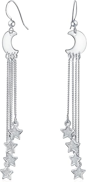Astrology Boho Celestial Crescent Moon Stars Linear Multi Chain Stars Charms Blue Iridescent Created Opal Inlay Long Chain Dangle Earrings For Women Teens .925 Sterling Silver