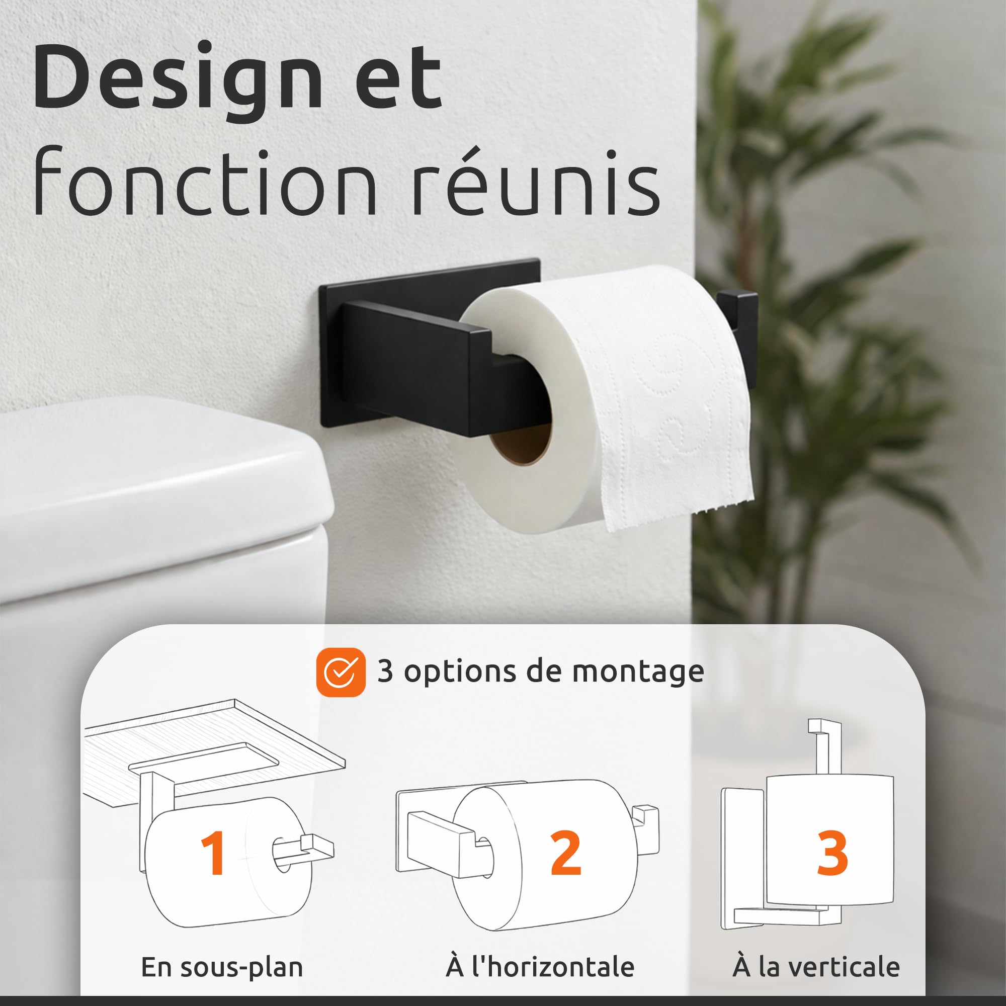 ECENCE 1x Porte Papier Toilette et 2X Crochets, adhésif - Support Papier Toilette - Accessoires de Salle de Bain - en Acier Inoxydable 304 Noir
