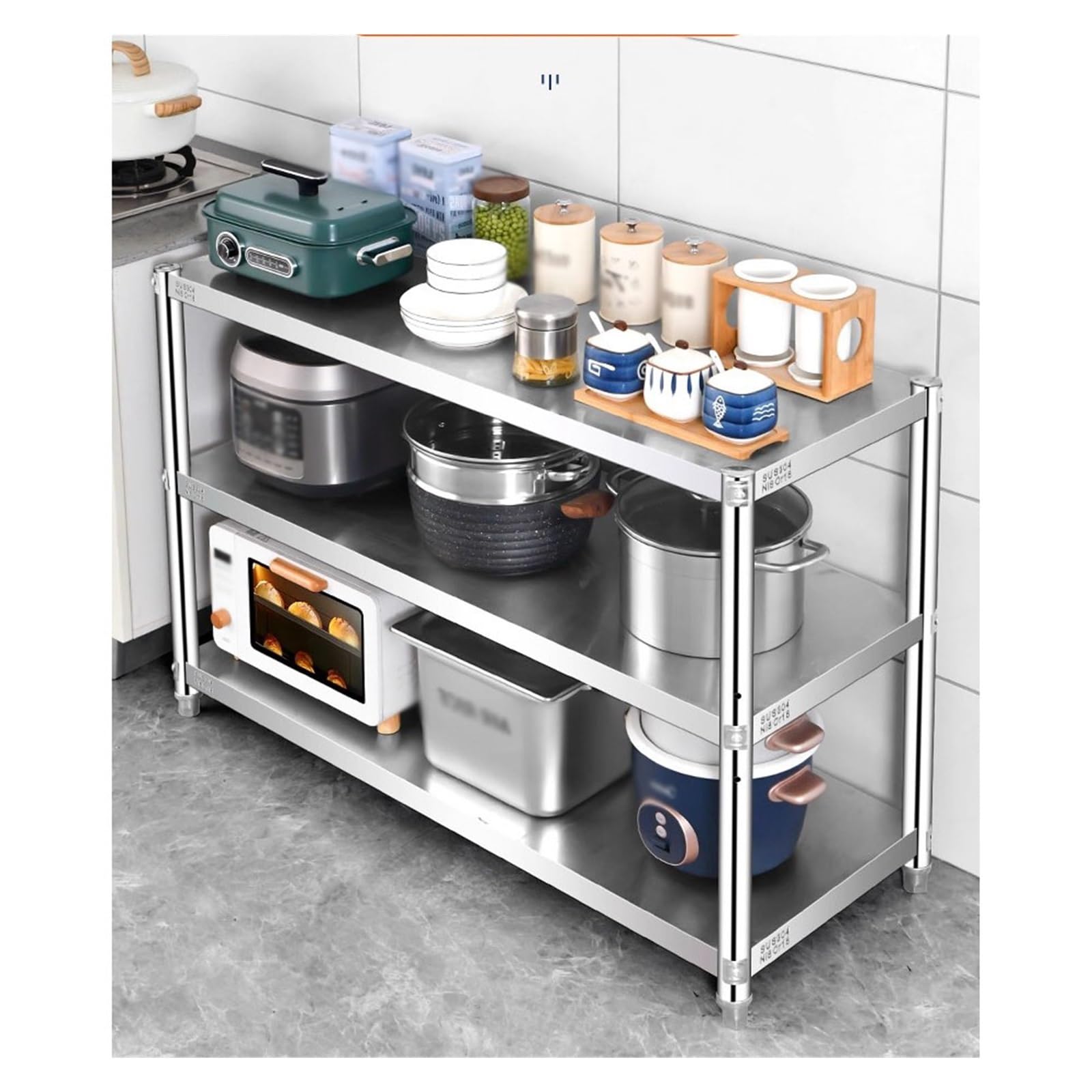 Schwerlastregal Küchenregal Aus Edelstahl 304 – Hygienische Aufbewahrungslösung for Die Küche – 3 Ebenen(90x50x100cm)