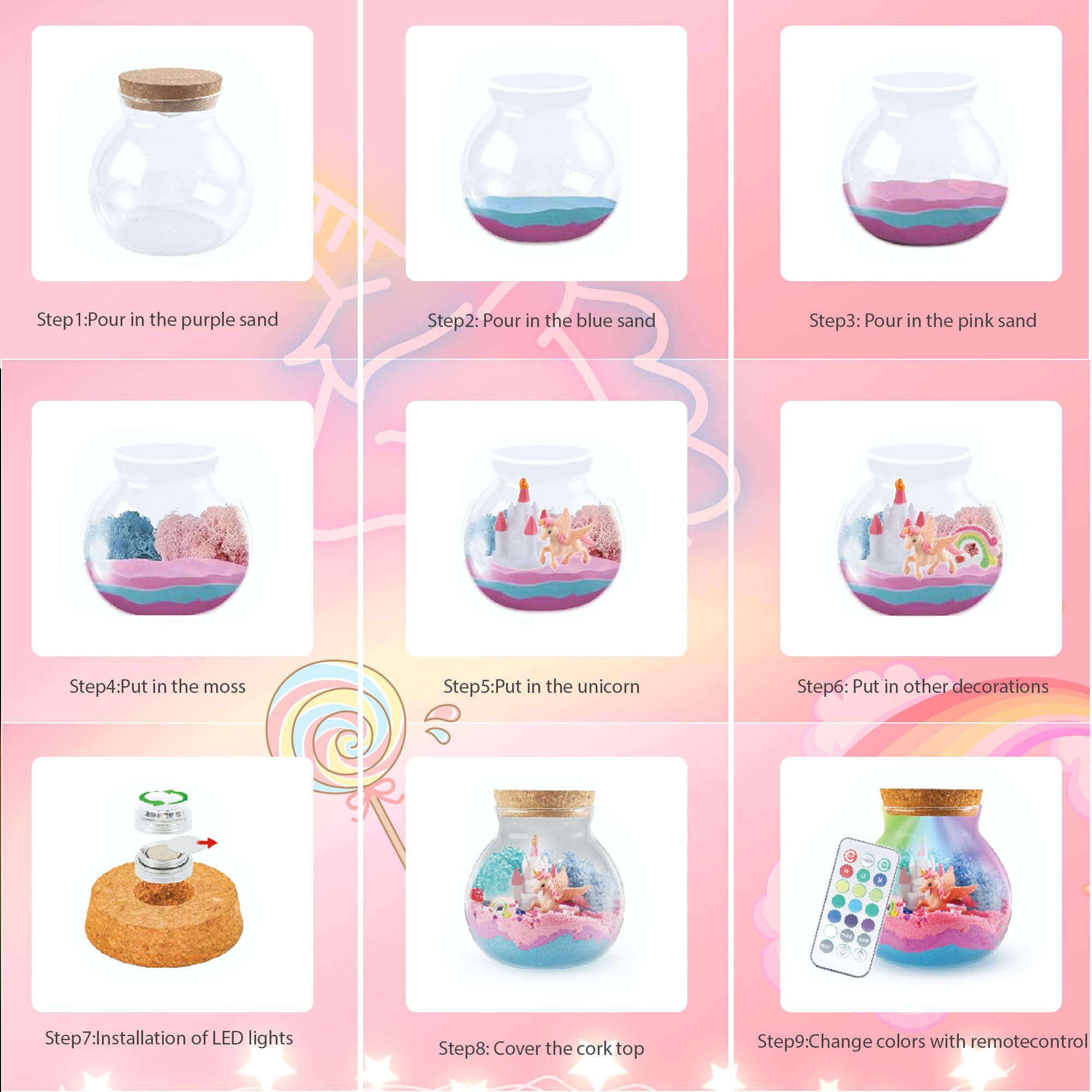 Doyran Regalo unicorno per ragazze, con unicorno luminoso, terrario per bambini, luce notturna fai da te, regalo di compleanno per bambini di età compresa tra 4, 5, 6, 7, 8, 9, 10, 11 e 12 anni