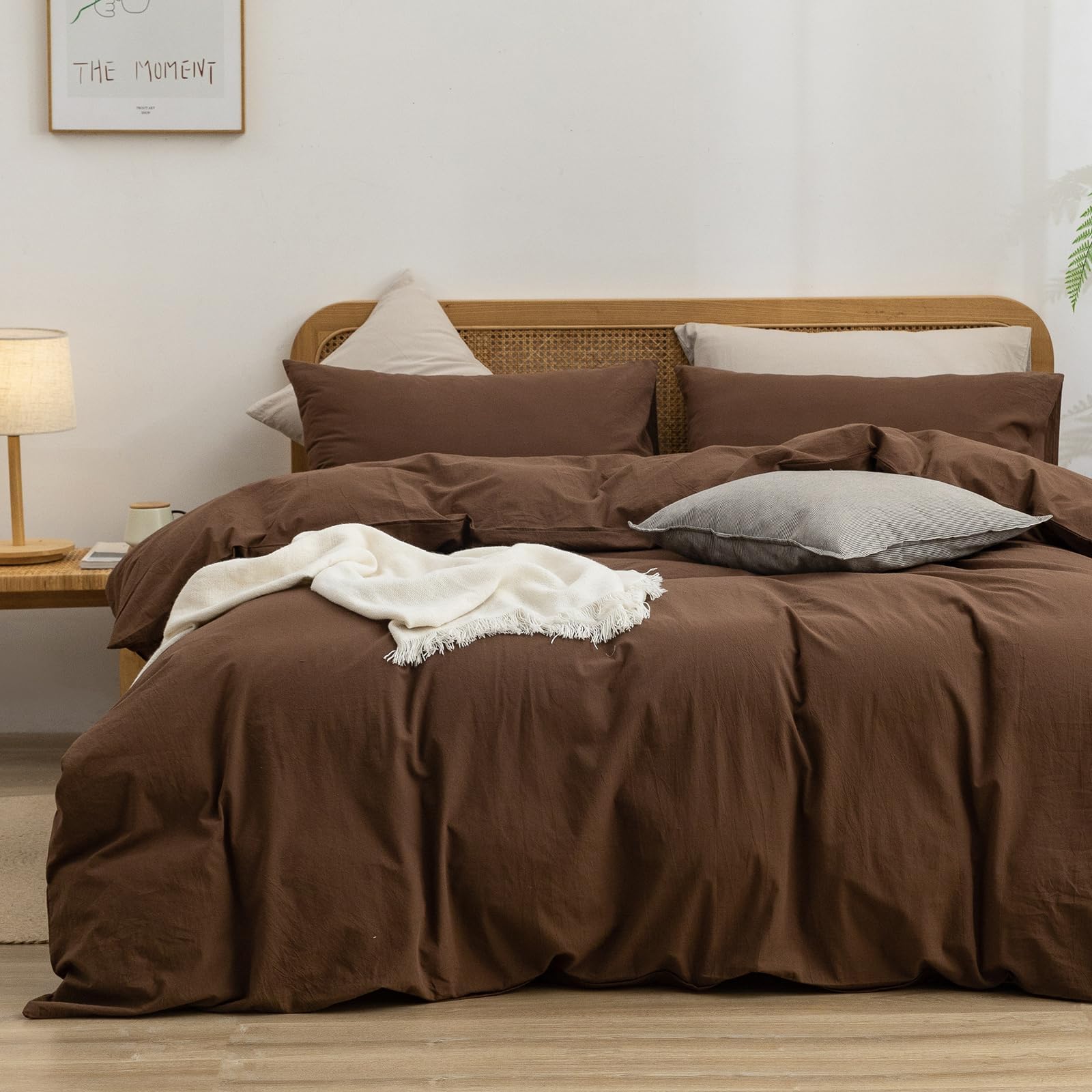 BESTOUCH Cotton Solid Duvet Cover Set Linen Feel Cocoa Brown Oversized Full — image 1