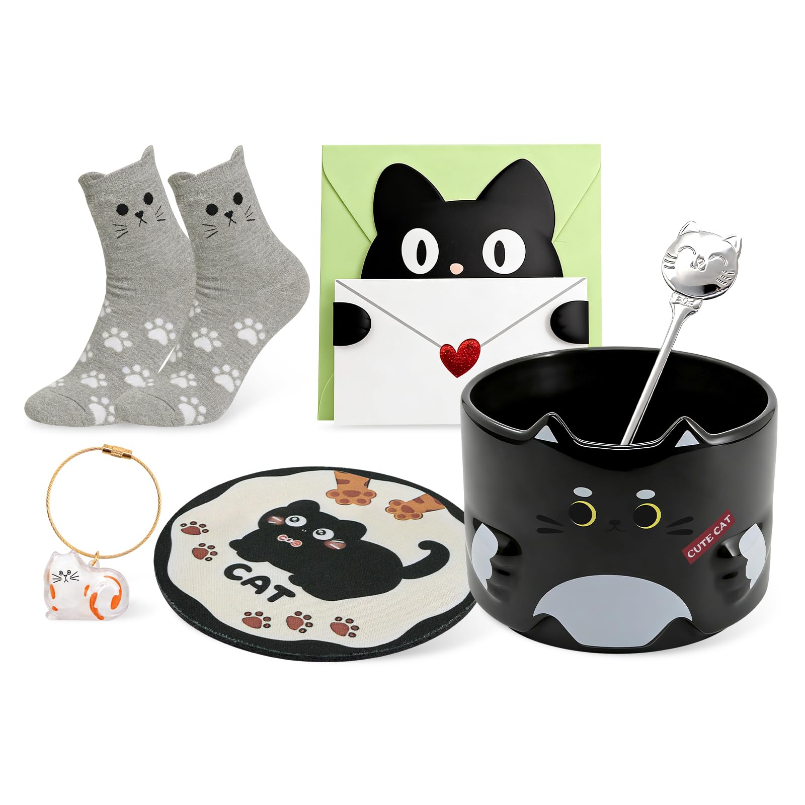 Qinhai Cute Cat Mug Set, Stackable Coffee Cup, Cat Lovers Gifts for Women Men Mum Her Girl Boy Teacher Friend, Christmas Valentines Mothers Day Easter Presents Idea (Black)
