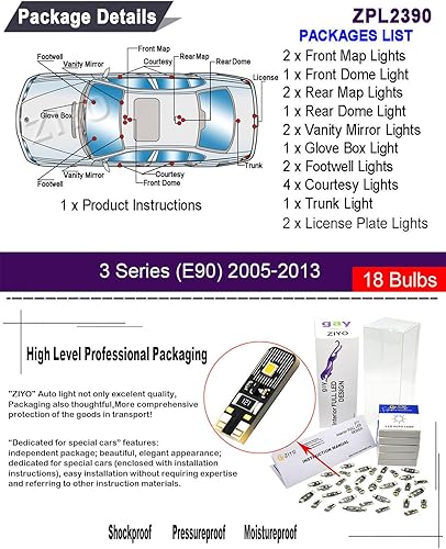 Miniatura 2 de ZPL2390 - Kit de luz LED interior + bombillas de matrícula de repuesto para BMW Serie 3 E90 2005-2013, luz de cúpula blanca de xenón sin errores