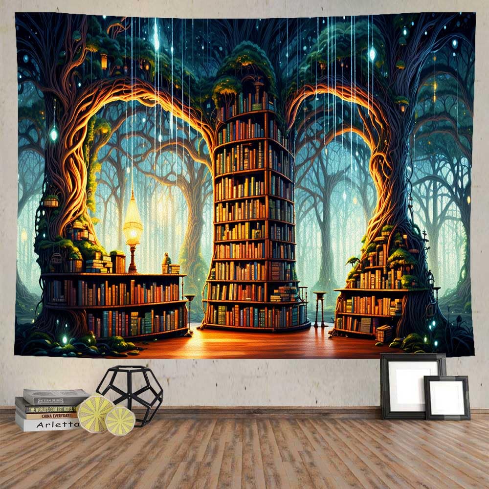 Ine Ive Fairy Library Tapestry Enchanted Forest Bookshelf Tapestries Wall Hanging 80x60 Inches Flannel Magical Witchy Wonderland Library Poster for