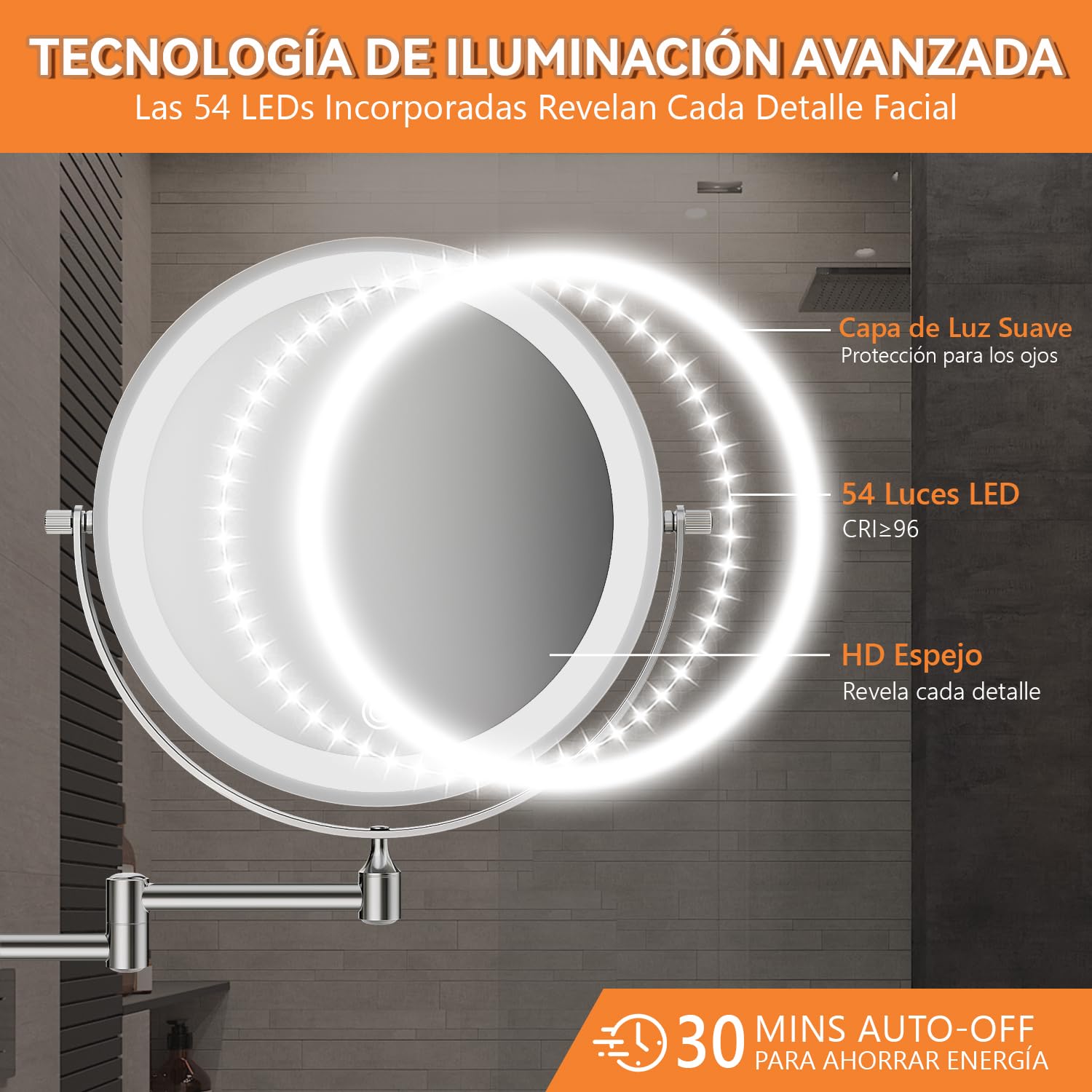 Auxmir 8″ Espejo Maquillaje con Luz para Pared Recargable 3200mAh, 1X/30X Aumento Doble Cara Giratorio 360° Brazo Extensible, 3 Colores y Brillo Regulable, para Baño Hotel, Plata