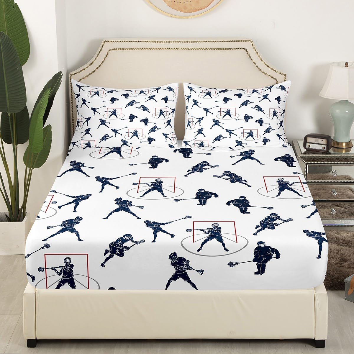 Feelyou Lacrosse Full Size Sheet Set for Kids Boys Sports Gaming Lacrosse Player Teens Bed Sheets Puck Hockey Bedding Set Ball Sports Themed Bedroom Decor