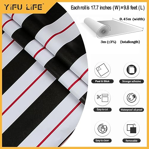 Miniatura 3 de Papel de contacto a rayas para despegar y pegar, papel tapiz a rayas de 17.7 pulgadas x 9.8 pies, color rojonegro, removible para decoración de