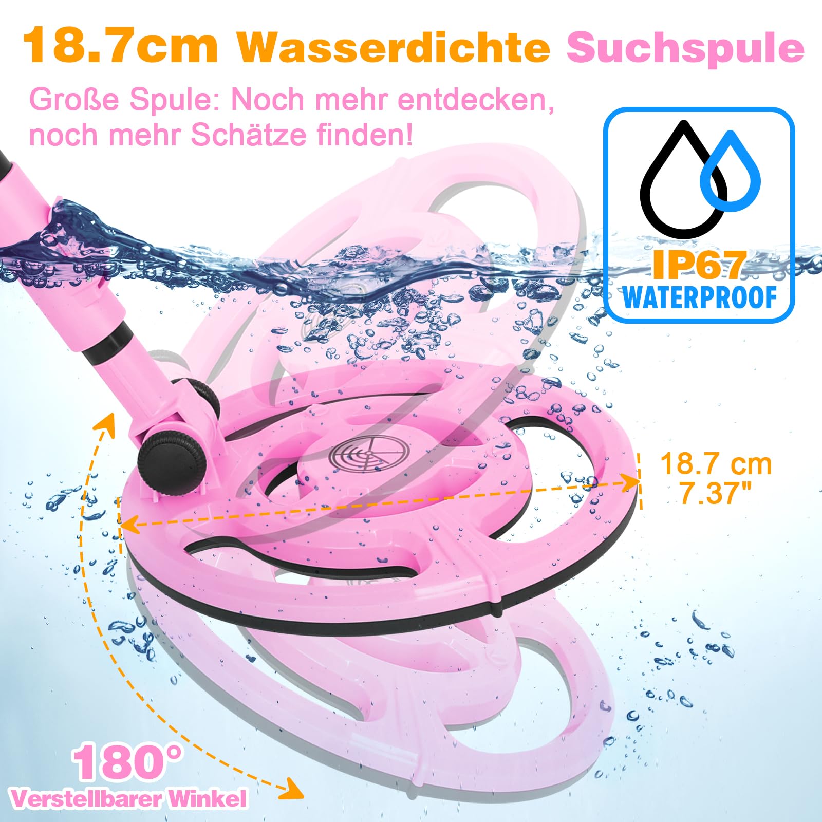 Metalldetektor Kinder USB-wiederaufladbar, Metalldetektor für Kinder, 7,36" wasserdichte Suchspule, 61-89cm Verstellbarer Griff mit LCD-Display, Strandschatzsuche Outdoor-Spielzeug für 8-12 (Rosa)