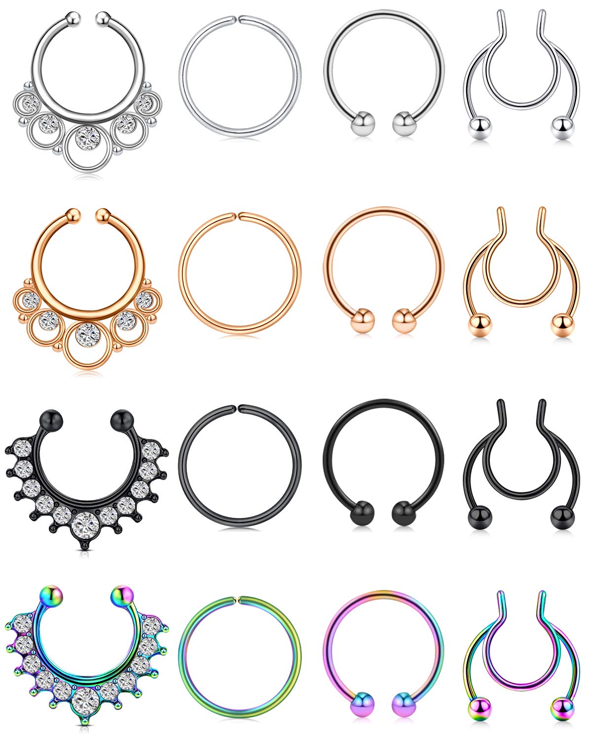 Finto Piercing Naso Anello 20G - Set 8 Pezzi In Acciaio (Argento, Nero, Oro, Oro Rosa) - Per Settum, Labbra, Orecchie