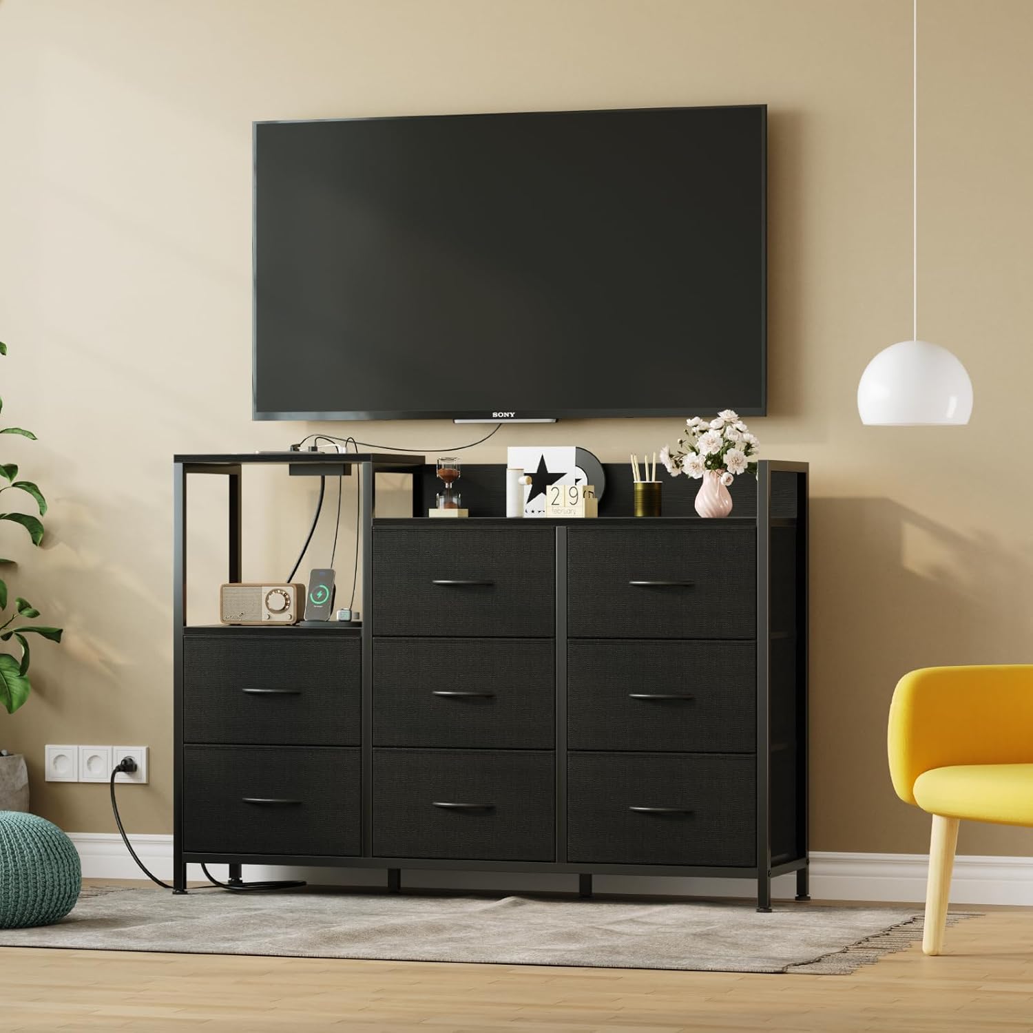 DUMOS TV Stand Dresser with 8 Fabric Drawers & Open Shelves, TV Stand for Up to 45 inch TV with Wooden Top, Entertainment Center with Charging Station for Living Room, Hallway, Black