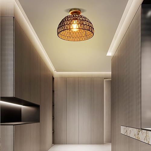 Miniatura 2 de Arturesthome Lámpara de techo de ratán de cuerda de cáñamo negra, lámpara de techo semibohemia, tambor de mimbre, lámpara rústica de granja para