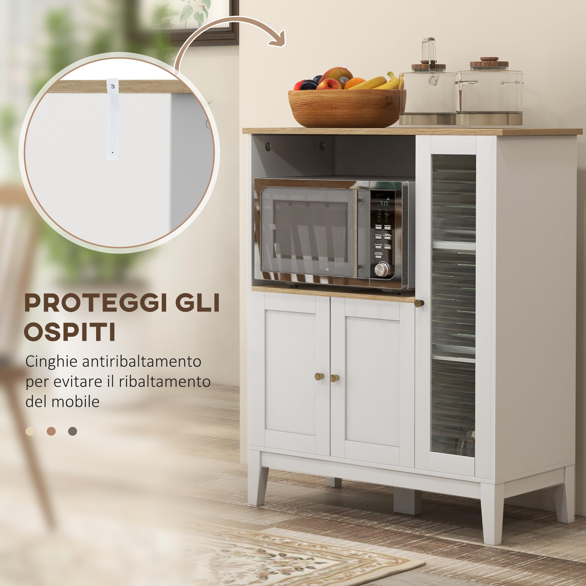 HOMCOM Mobile Microonde con Piano per Elettrodomestici, Armadietti e Anta in Vetro, Credenza Cucina con Ripiani Regolabili, Foro Passacavi e Gambe in Pino, per Cucina, Soggiorno, 80x35x97cm, Bianco