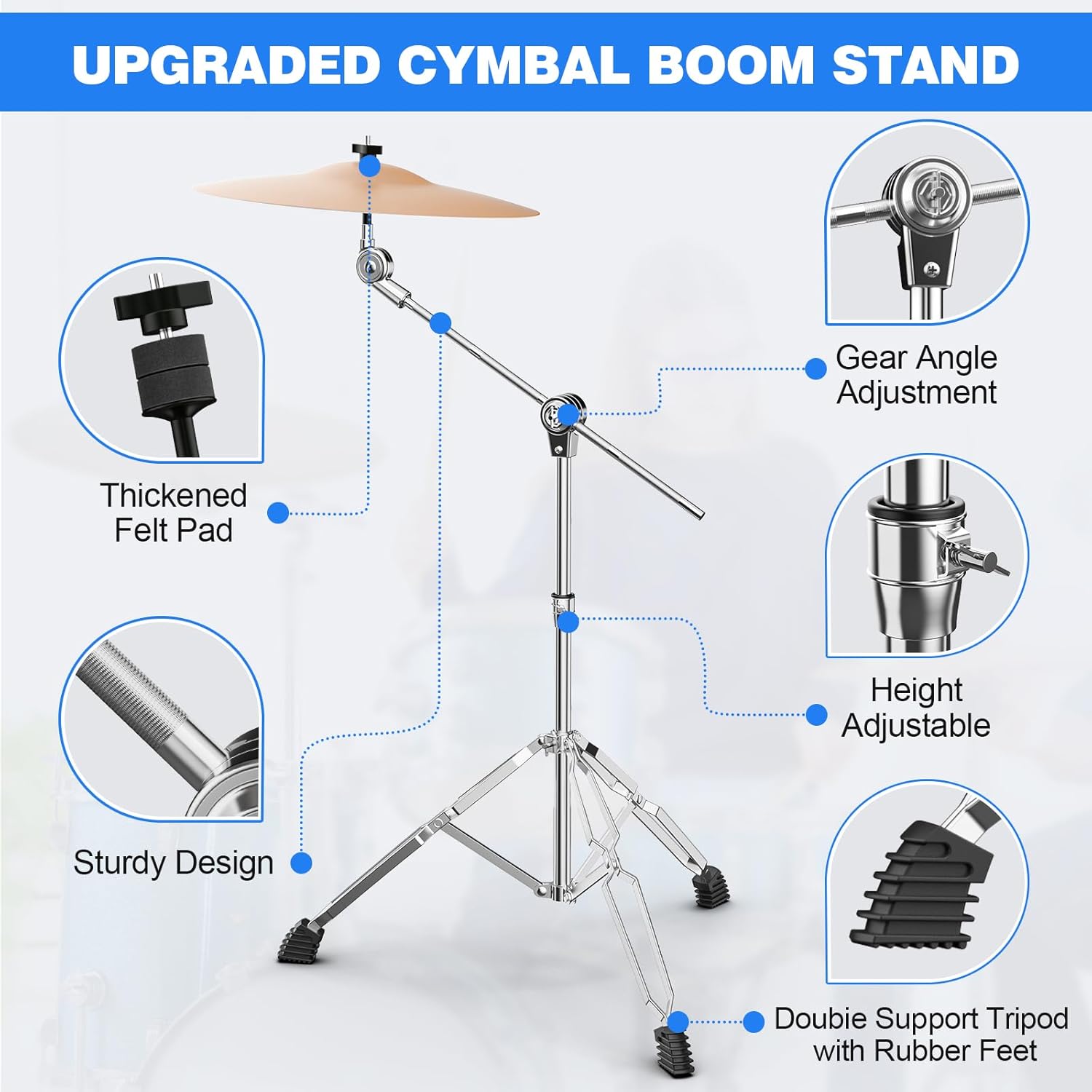 Boom Cymbal Stand, Adjustable Cymbal Stand Boom Stand for Drum Hardware Percussion Mount Holder Gear Set Drum Hardware Set, Double Braced Legs with Rubber Feet Ride and Crash Cymbal Stands