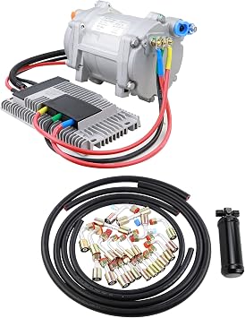 Universal 12V Automotive Electric Air Conditioner Compressor Kit with External Control Panel and 26PCS Air Conditioning Hose and Fitting Kit Includes 6.5 ft #6#8#10 AC Hoses #6#8#10 AC Fittings and Un