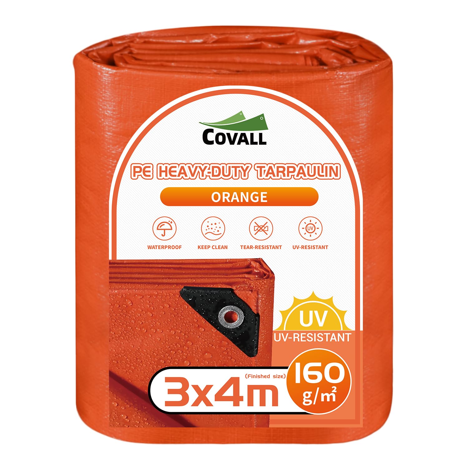 COVALL 160g/㎡ Heavy Duty Waterproof Tarpaulin 3x4m Reinforced Eyelets Weatherproof UV Protection Tarp Ground Sheet Outdoor Trailer Cover Camping Tent Mat Garden Fishing (Bright Orange)