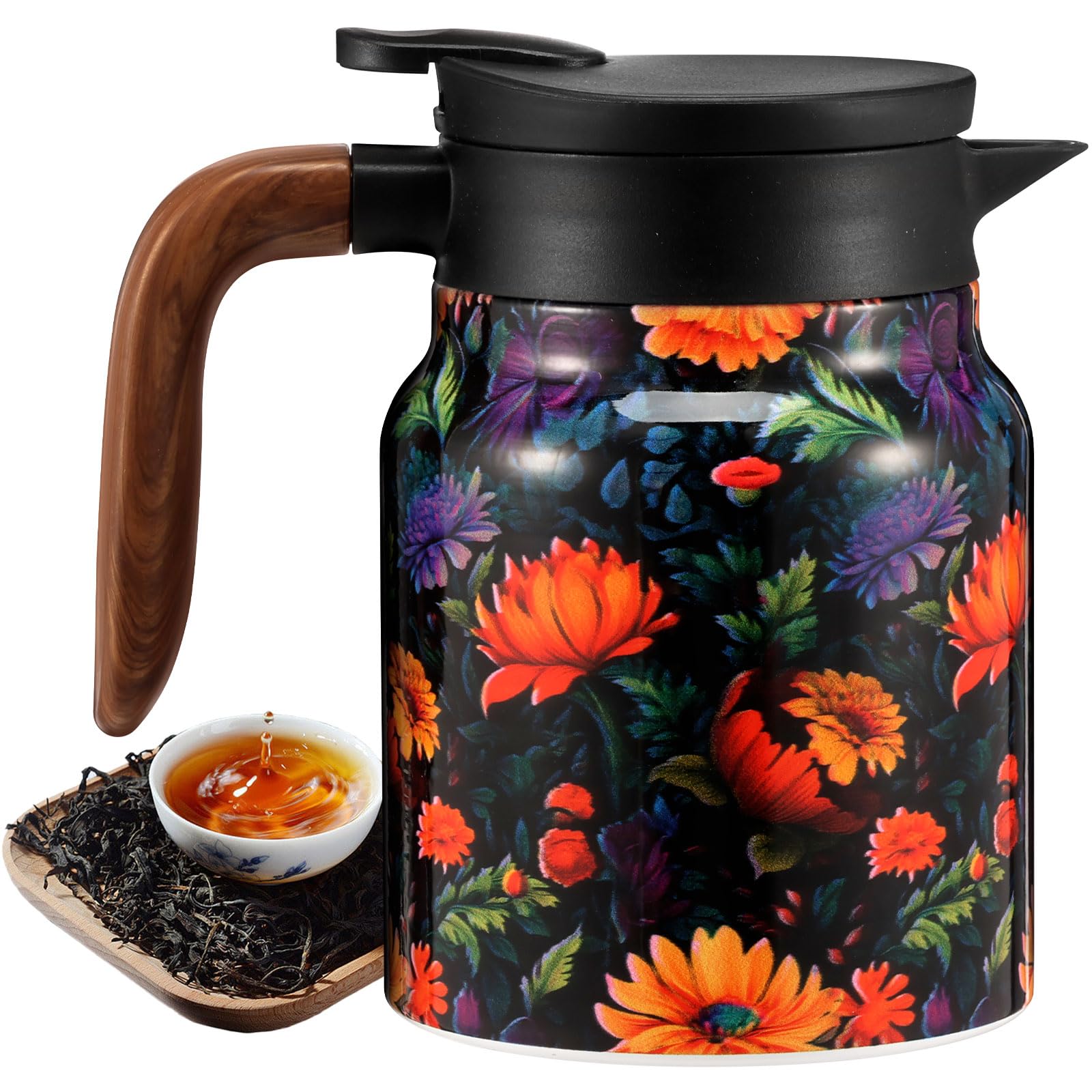 Vintage Floral Teapot, 1L Stainless Steel Thermal Tea Pot Coffee Jug with Built in Infuser and Handle for Hot Drinks Insulated Coffee Carafe for Home Office Daily Need(Blove Red)