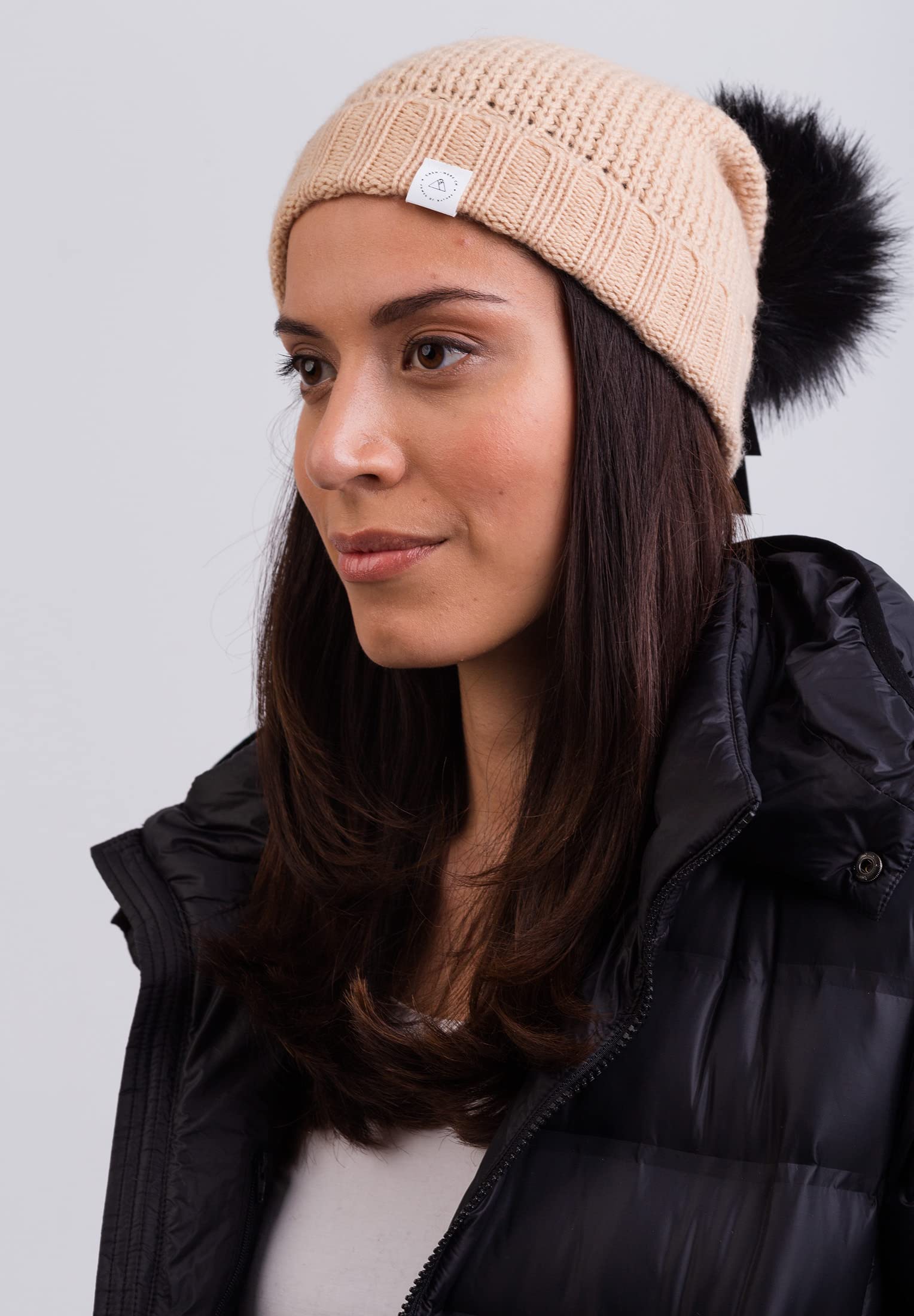 Berretto | Beanie Invernale con PON PON di Pelliccia Sintetica Particolare in Cachemire al 100% (Taglia Unica)