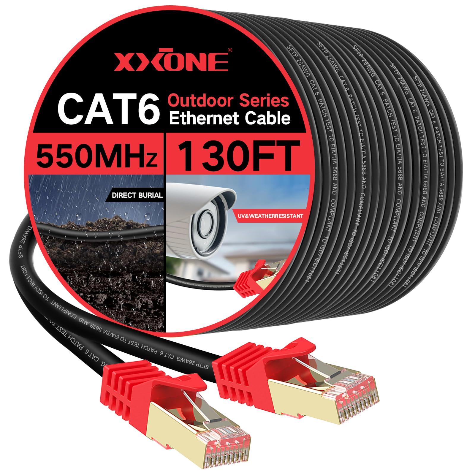 XXONE Outdoor Cat 6 Ethernet Cable 130ft, 26AWG Heavy-Duty Cat6 Networking Cord Patch Cable RJ45 LAN Wire Cable FTP Waterproof Direct Burial