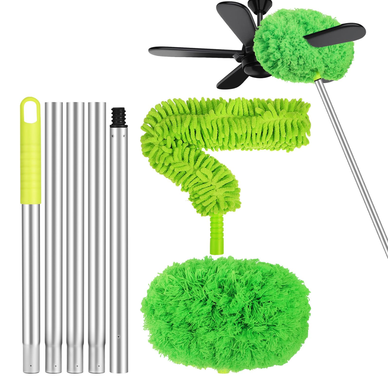 Plumero Extensible para Ventilador de Techo 1 Juego Aluminio Verde | Mango Largo Cabezal Desmontable, Diseño Multifunción, para Muebles y Superficies Altas