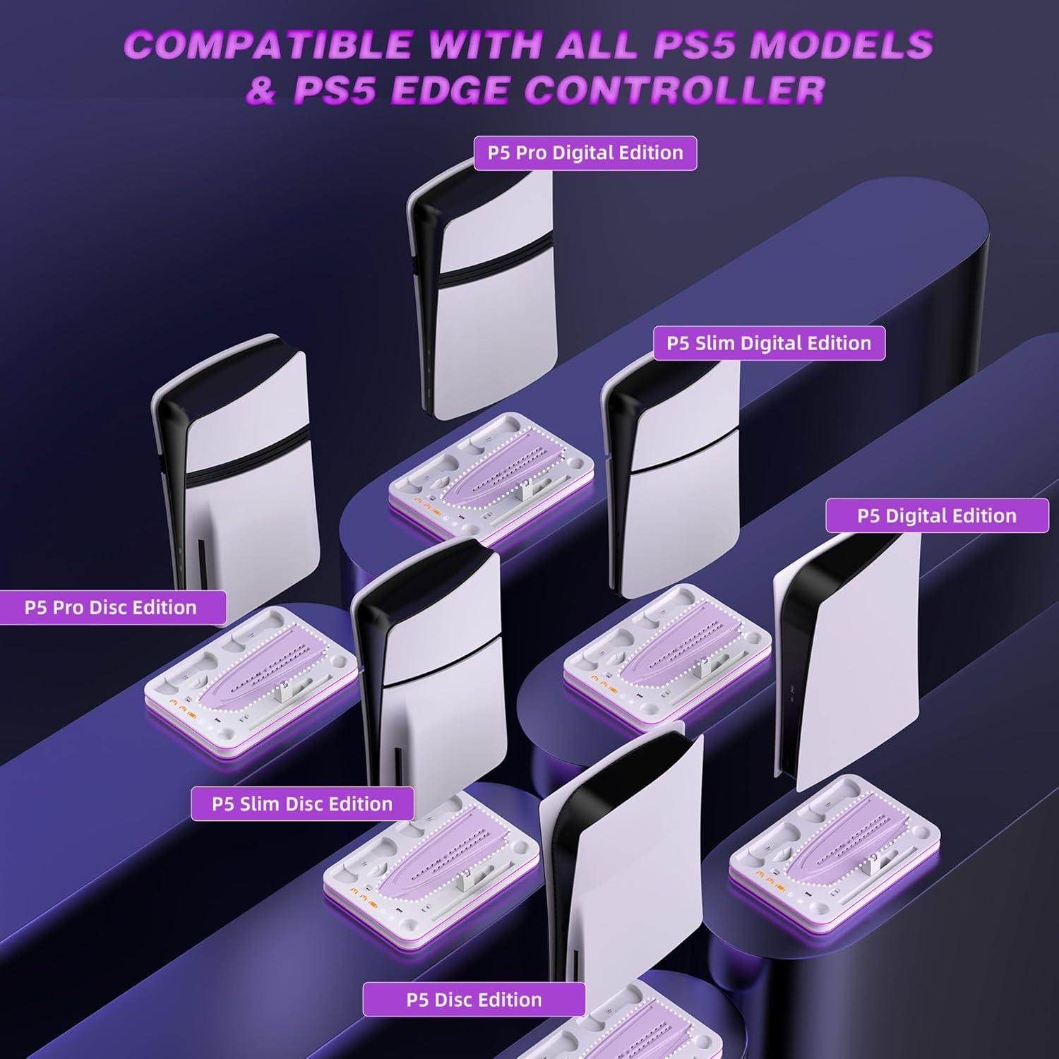 Compatible for Sony PlayStation 5 (All Editions) - Stand & Cooling Station with Charging Dock, LED Indicators, Headset Holder, Protection （White）