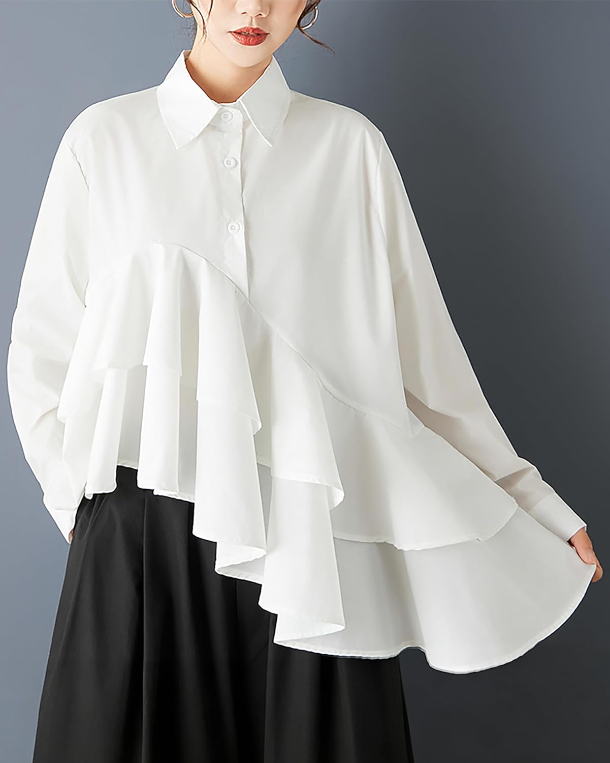 ellazhu Women's Oversized Asymmetrical Ruffle Shirt Lapel Collar Long Sleeve Loose Fit Black Blouse Casual GZ801 A