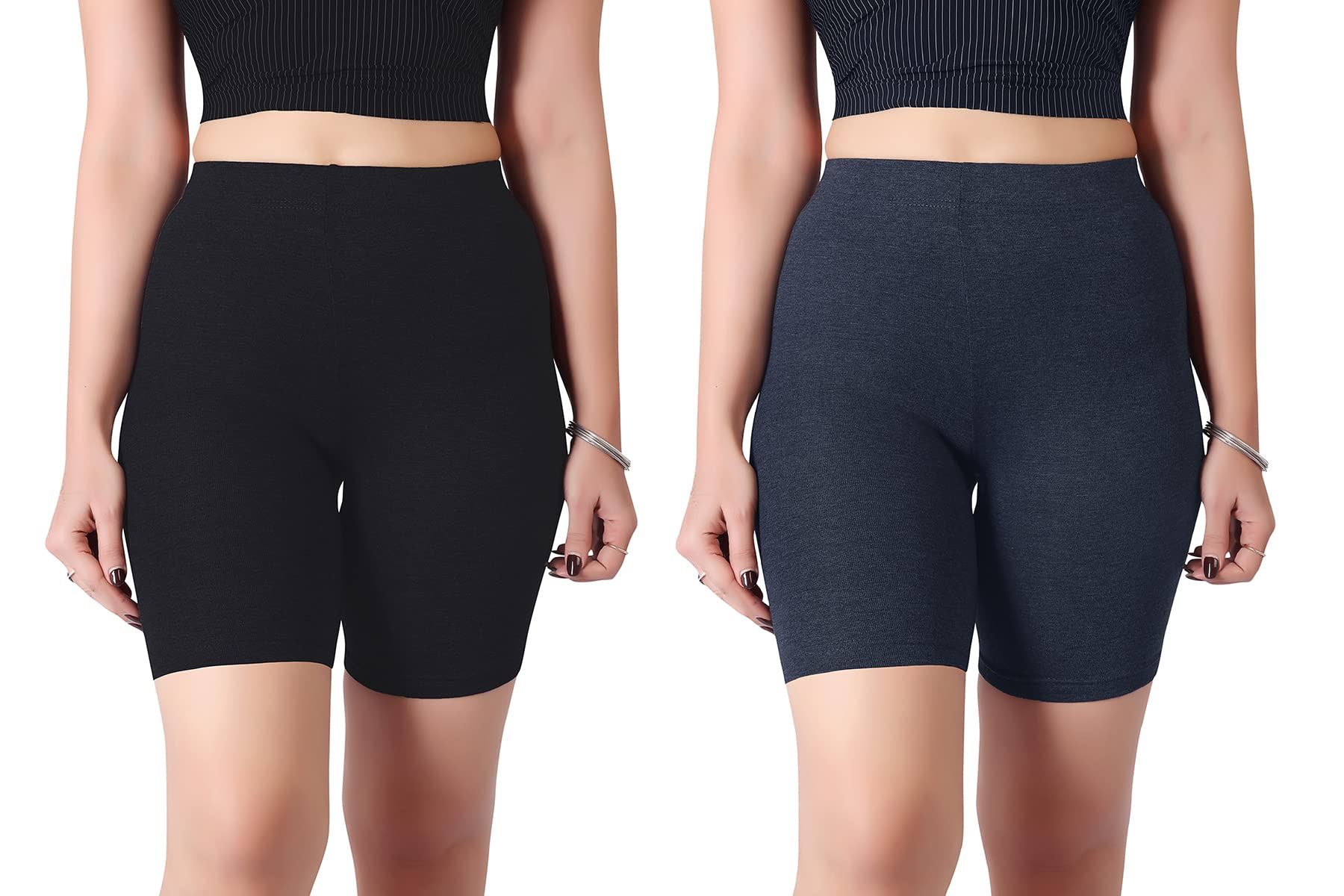 Women worth Cotton Stretchable Cycling Shorts for Girls Combo Pack 2 Knee Length Tights Fit Under Skirts Sports Gym Yoga Running Panties-image-20