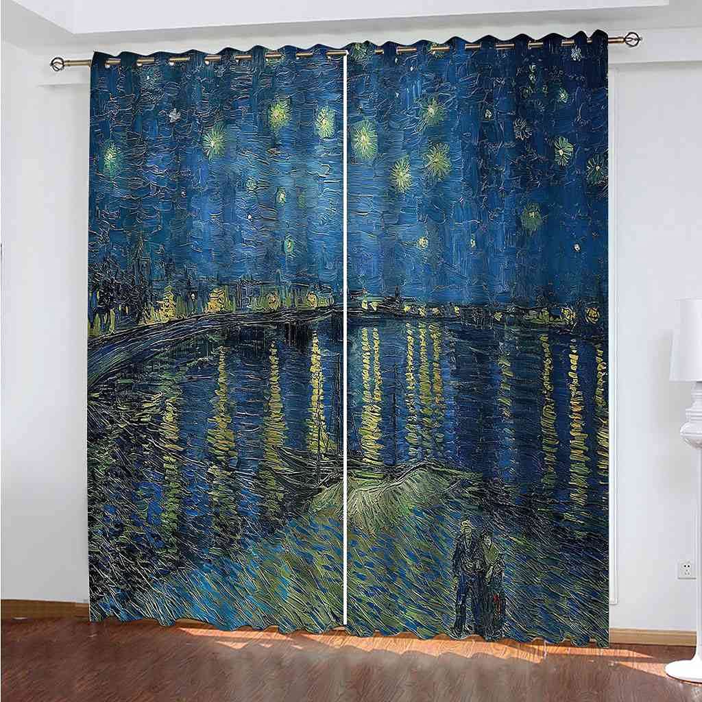 Rideaux à oeillets 100% polyester au design de peinture à l'huile paysage marin 3D