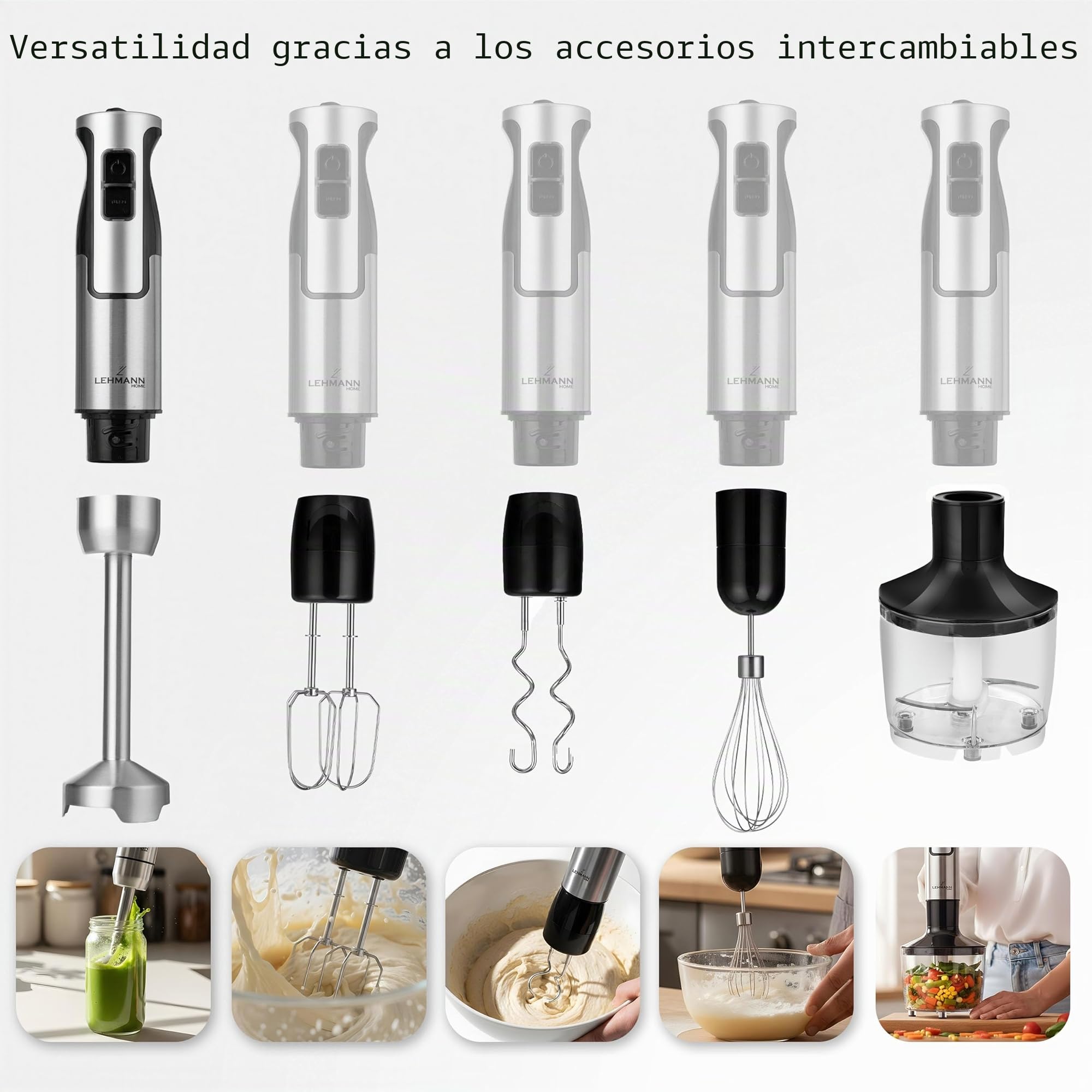 LEHMANN Batidora de mano multifunción 5 en 1, Potencia 1200W, Acero inoxidable, 8 velocidades ajustables + función Turbo, 6 Accesorios incluidos, Picadora 500 ml & Vaso medidor 860 ml, Libre de BPA