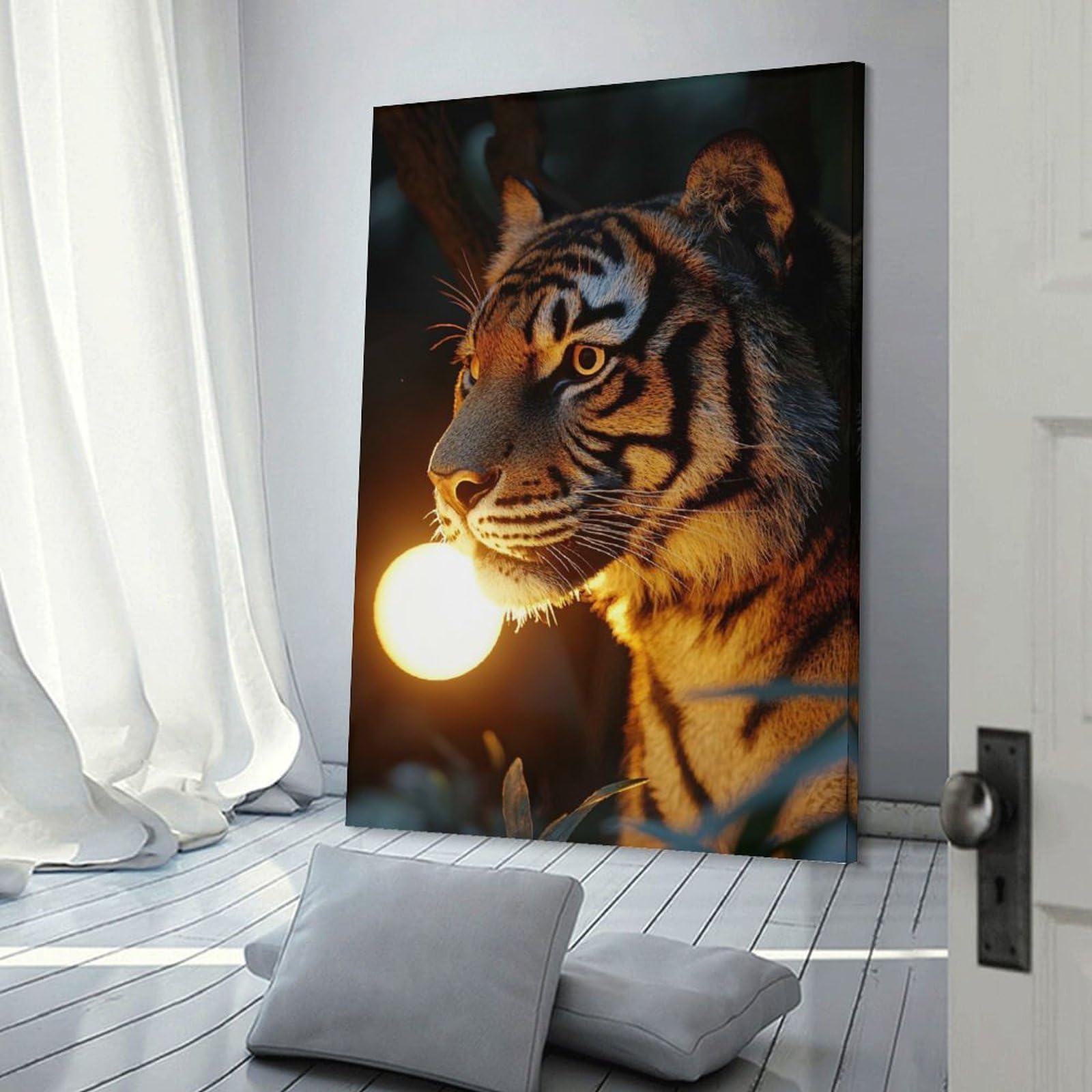 Junmoney Frame-Style-1 Tiger With Glowing Orb Hanging Wall Art, 20X30inch(50X75cm), For Bedroom, Guest Room Or Reading Nook, Home Artwork With A Soft Interior Feel