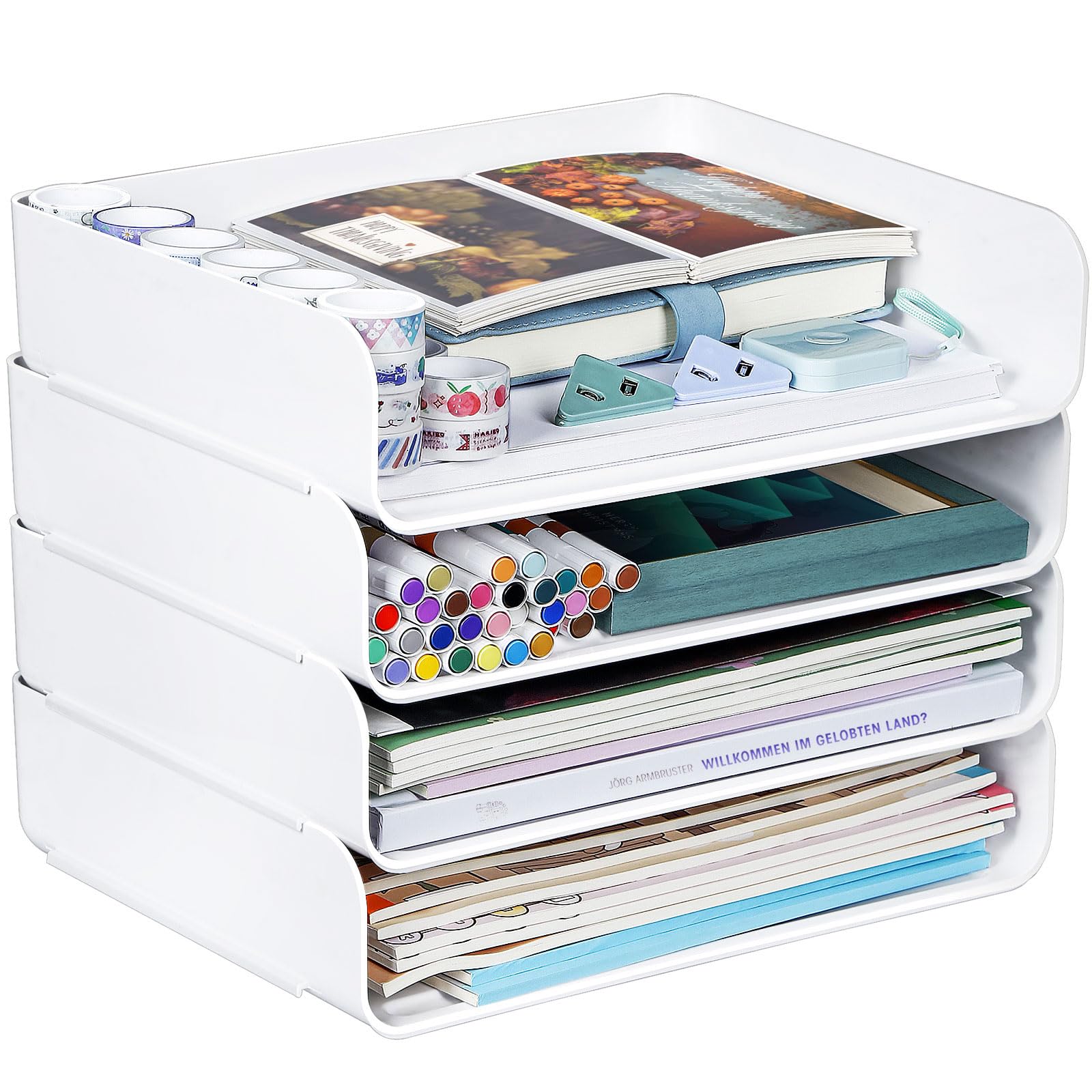 Greentainer Stackable Clear Paper Trays - Desktop Racks for Desk File Rack,Letter Tray,Accessories Tray for Desktop,A4 Paper Holder,Supplies,Magazine,File Documents,Receipts (4pack, White)