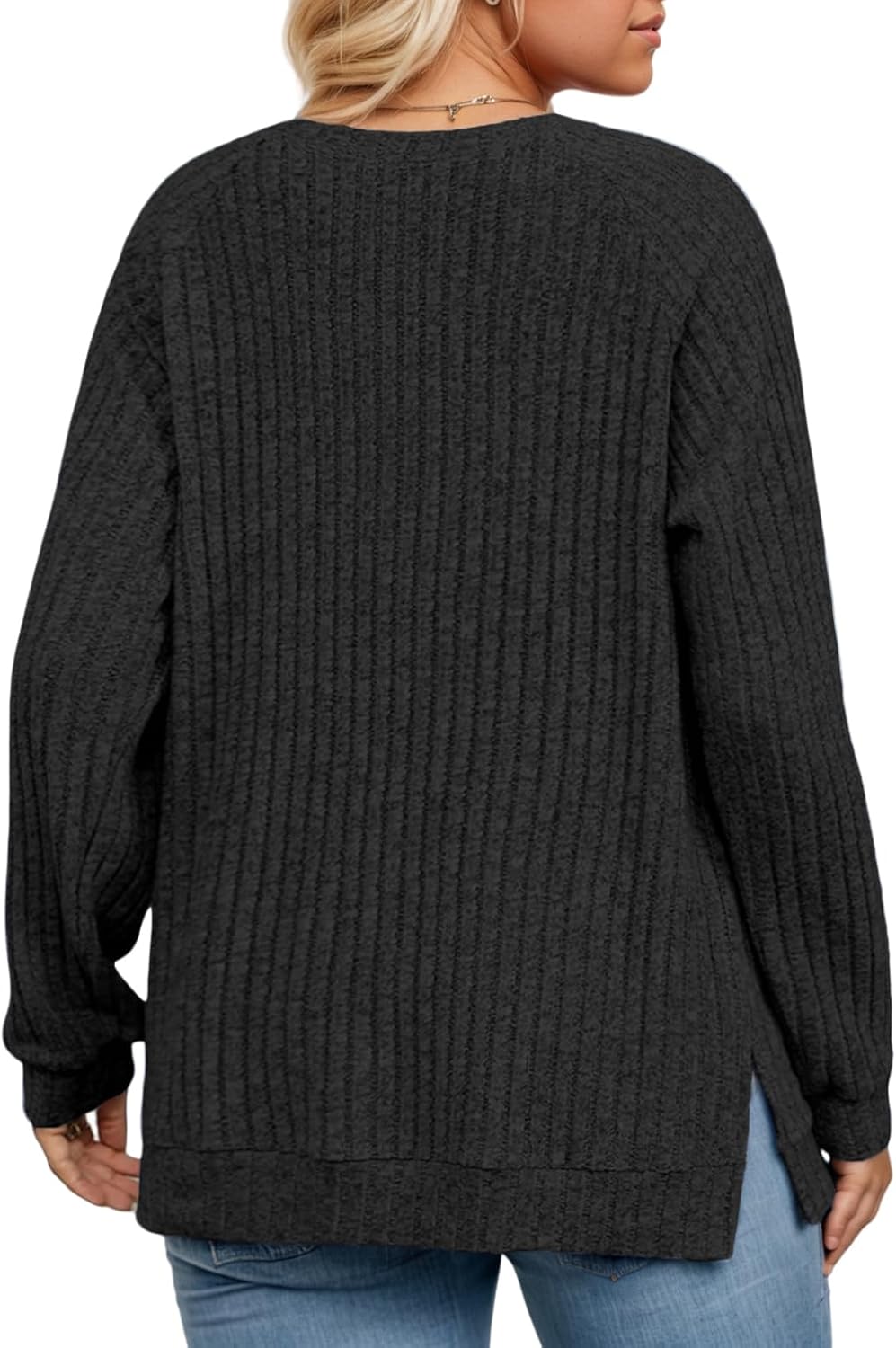 VISLILY Womens-Plus-Size-Tops Casual Long Sleeve Shirts Trendy Button Decor Tunics Lightweight Sweaters Side Split Blouses - Image 3