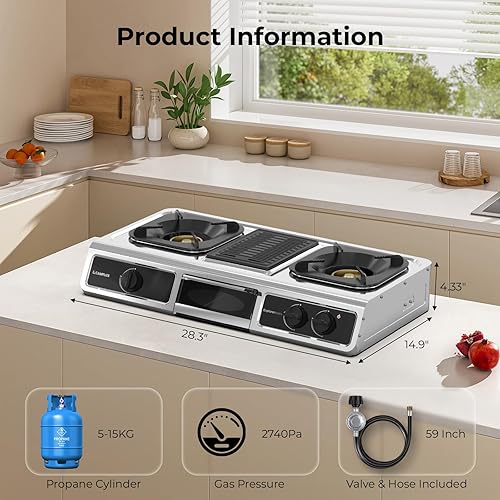 Miniatura 3 de CAMPLUX - Estufa de cocina de gas propano de 3 quemadores con 1 placa de parrilla, 26,000 BTU de acero inoxidable, triple quemador de propano para